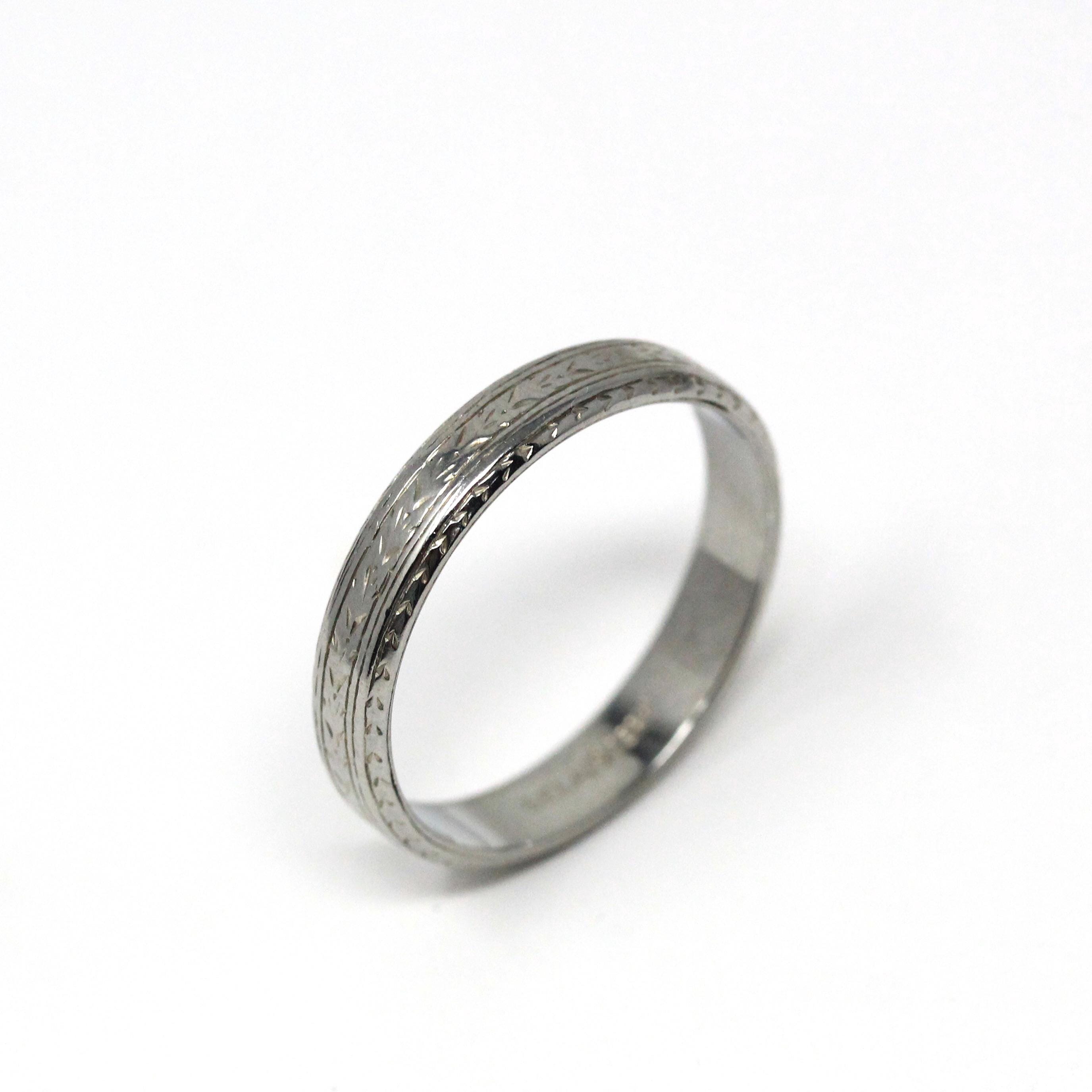 Antique Wedding Band - Art Deco Era 18k White Gold Eternity Wheat Design Ring - Vintage Circa 1920s Size 11 Men's Unisex Belais Fine Jewelry