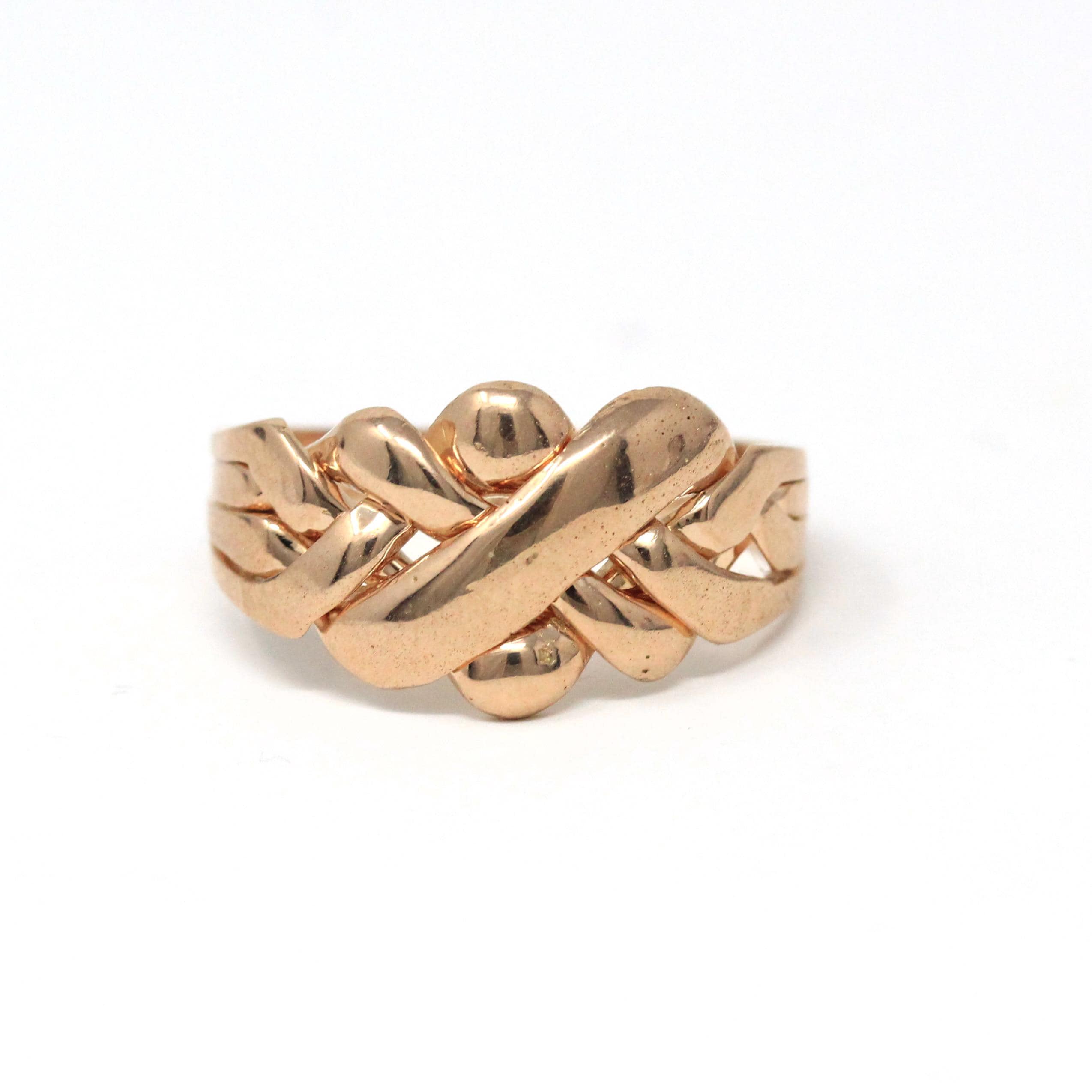 Vintage Puzzle Ring - Retro 14k Yellow Gold Four Interlocking Statement Band - Circa 2000's Era Size 11 1/2 Infinity Woven Knot Fine Jewelry
