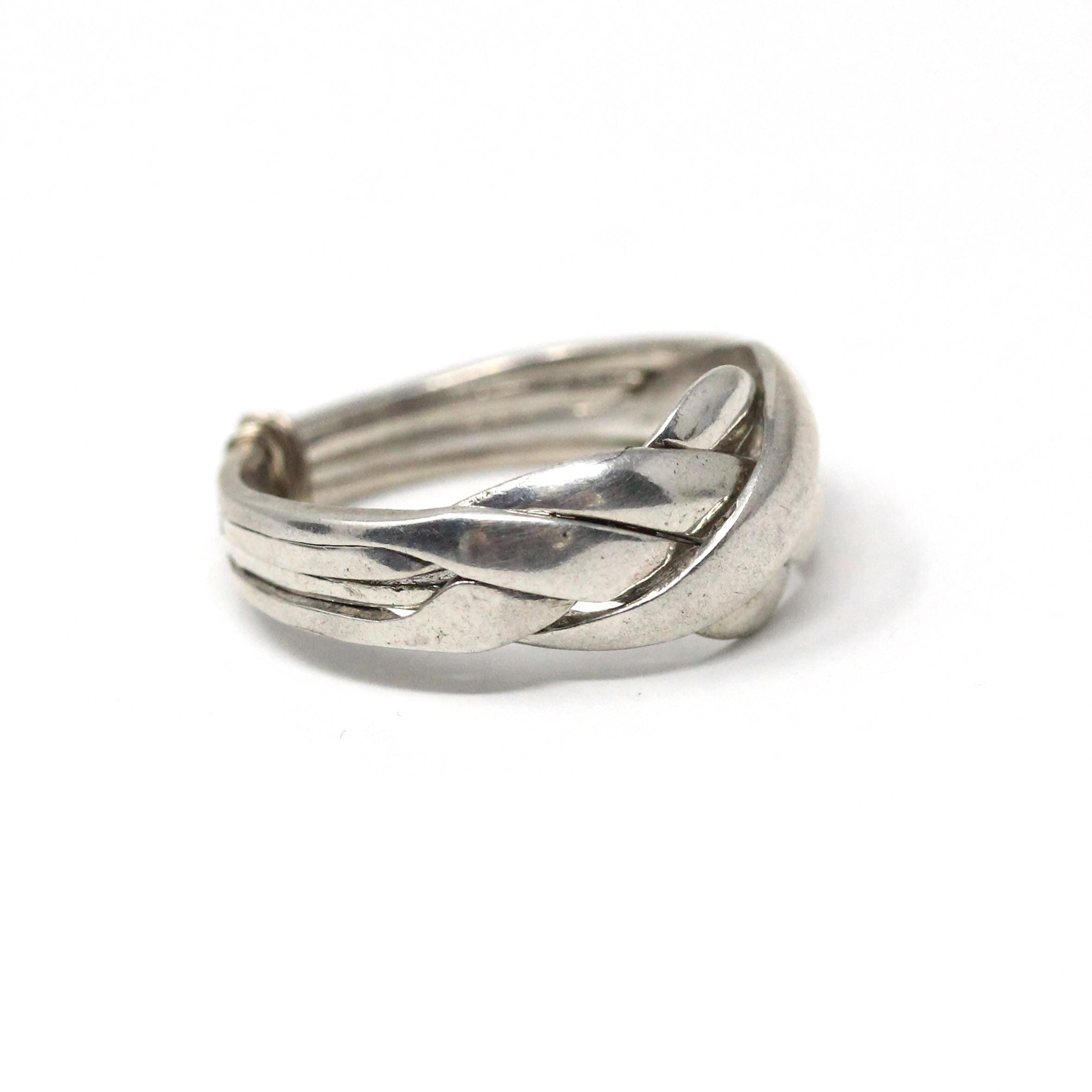 Modern Puzzle Ring - Estate Sterling Silver Four Interlocking Statement Band - Circa 2000's Size 7 Infinity Woven Knot Interactive Jewelry