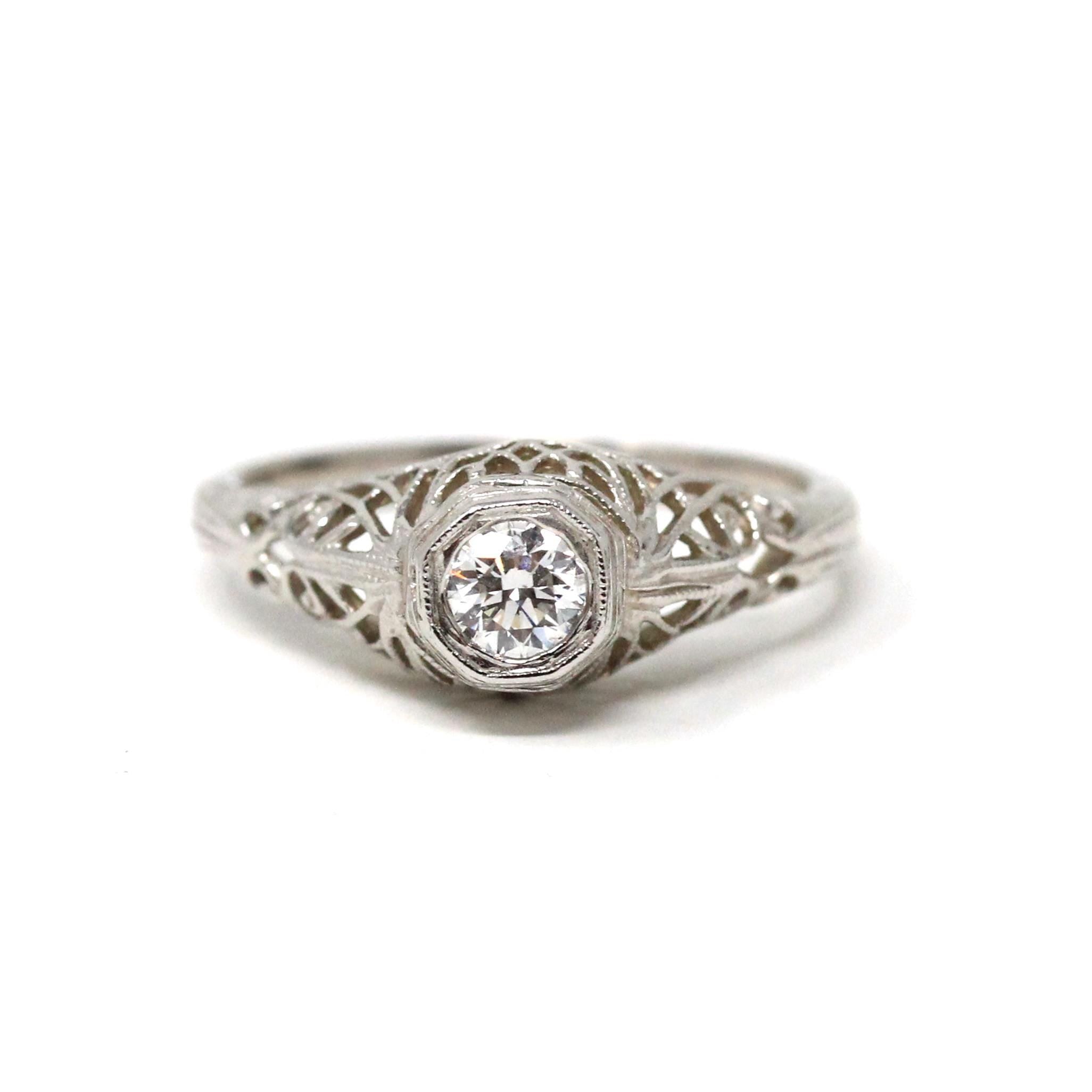 Diamond Filigree Ring - Art Deco Style 14k White Gold Natural .30 CT Engagement - Modern Era Size 7 Vintage Reproduction Fine Bridal Jewelry