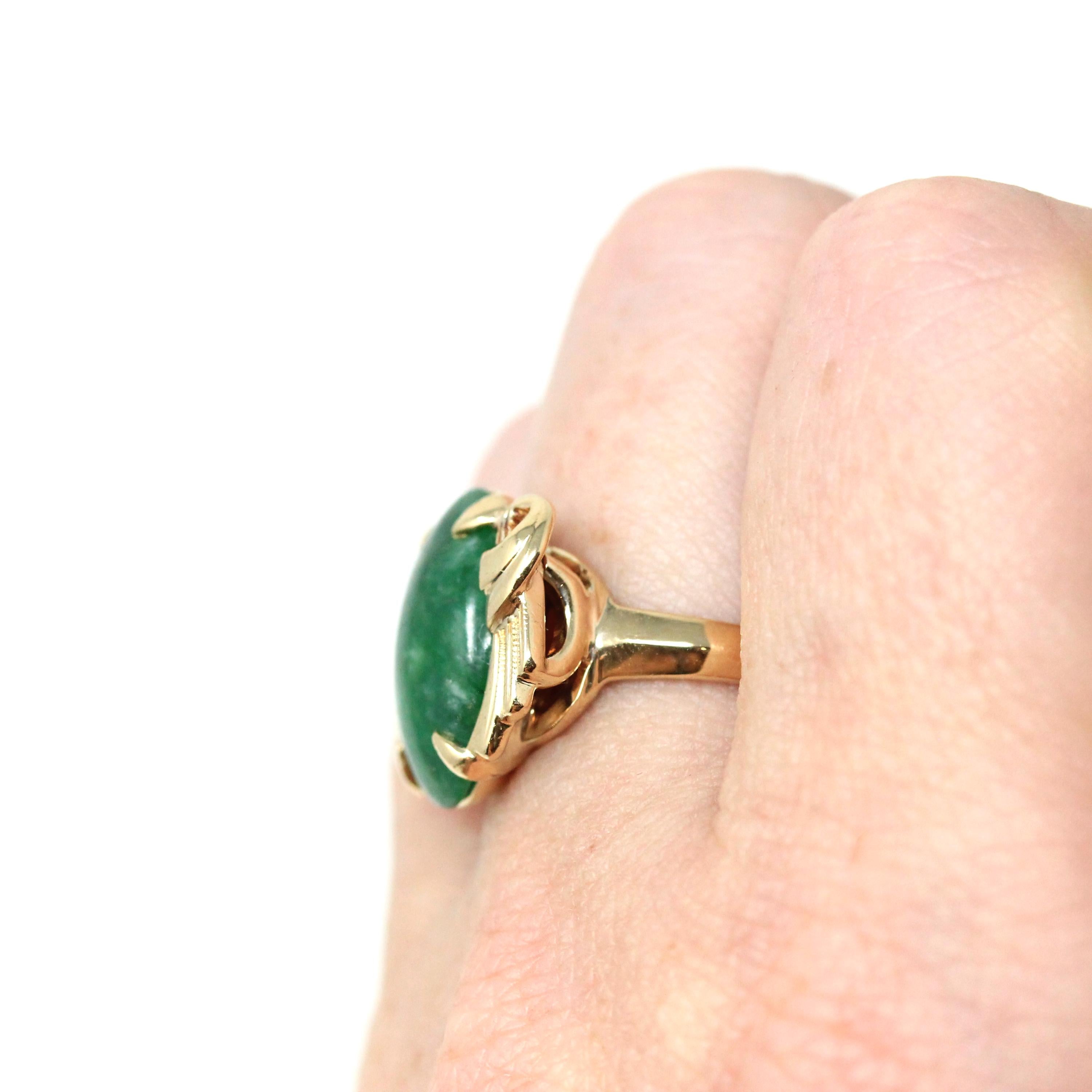 Natural Jadeite Ring - Vintage 14k Yellow Gold Dark Green Oval Cabochon Gemstone - Retro Circa 1960s Era Size 5 1/4 Fine Statement Jewelry
