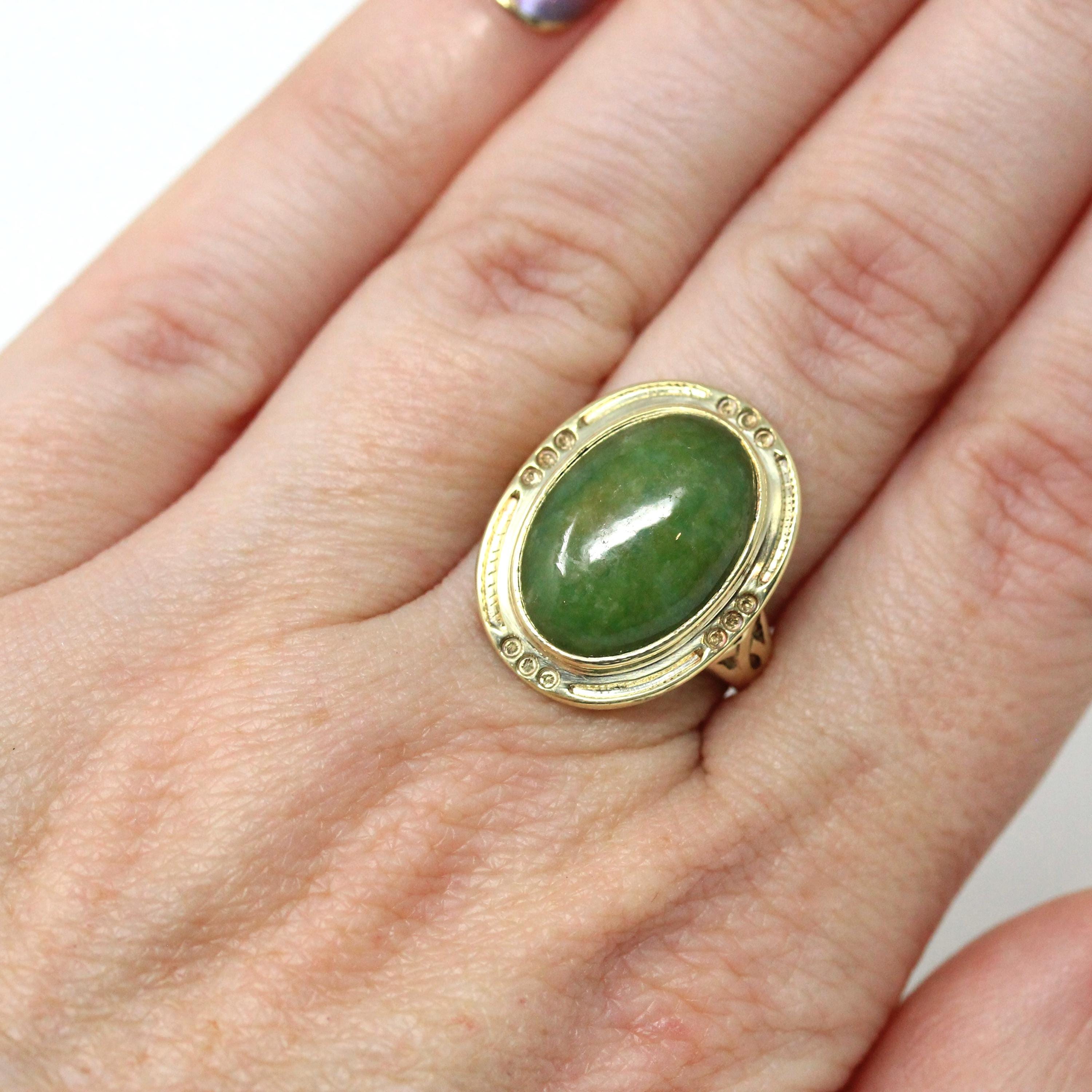 Vintage Jadeite Ring - Mid Century 14k Yellow Gold Natural Green Cabochon Cut Gemstone - Circa 1940s Era Statement Size 6 Fine 40s Jewelry