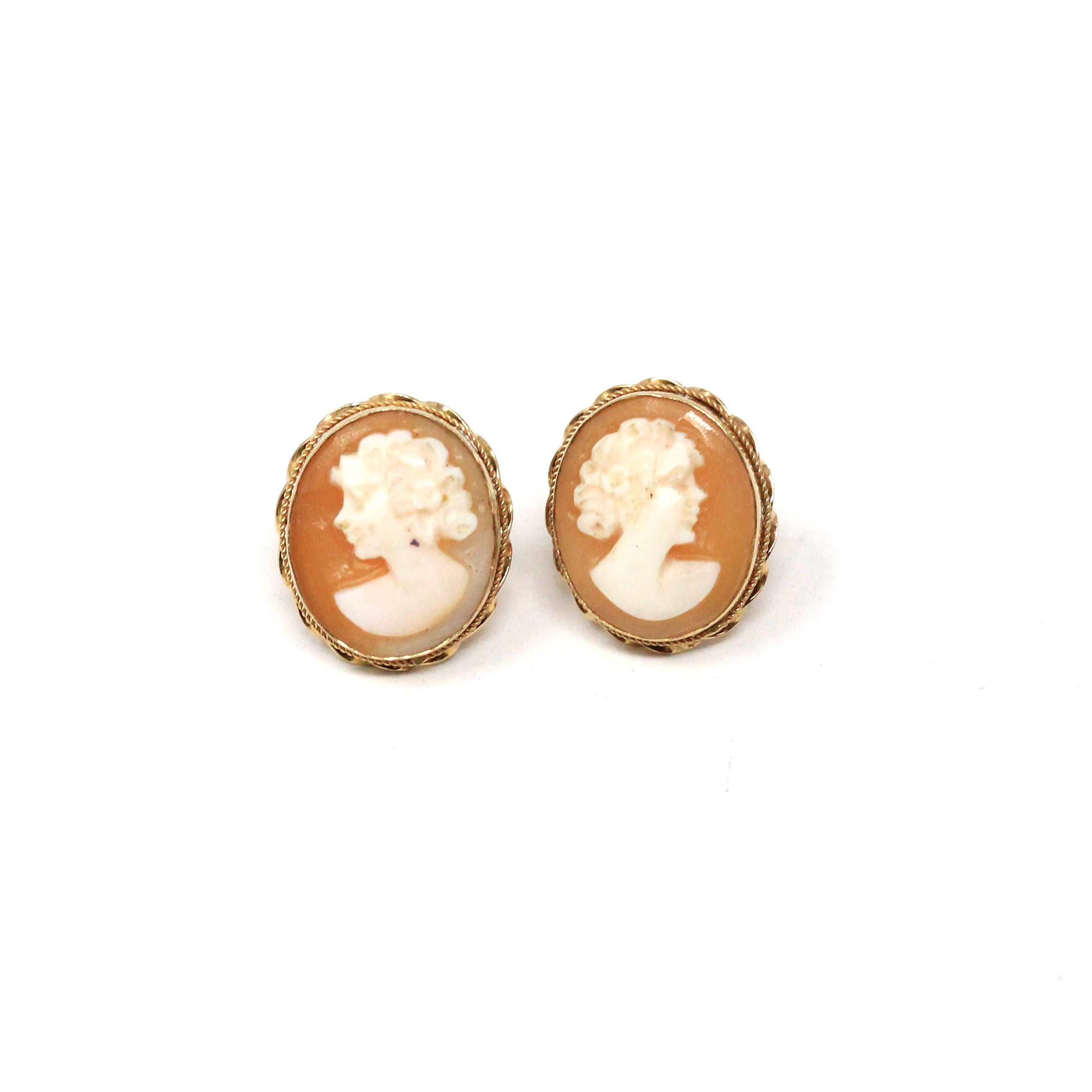Vintage Cameo Earrings - Mid Century 14k Yellow Gold Oval Carved Shell Portrait Post Backs - Circa 1940s Era Fashion Accessories Jewelry