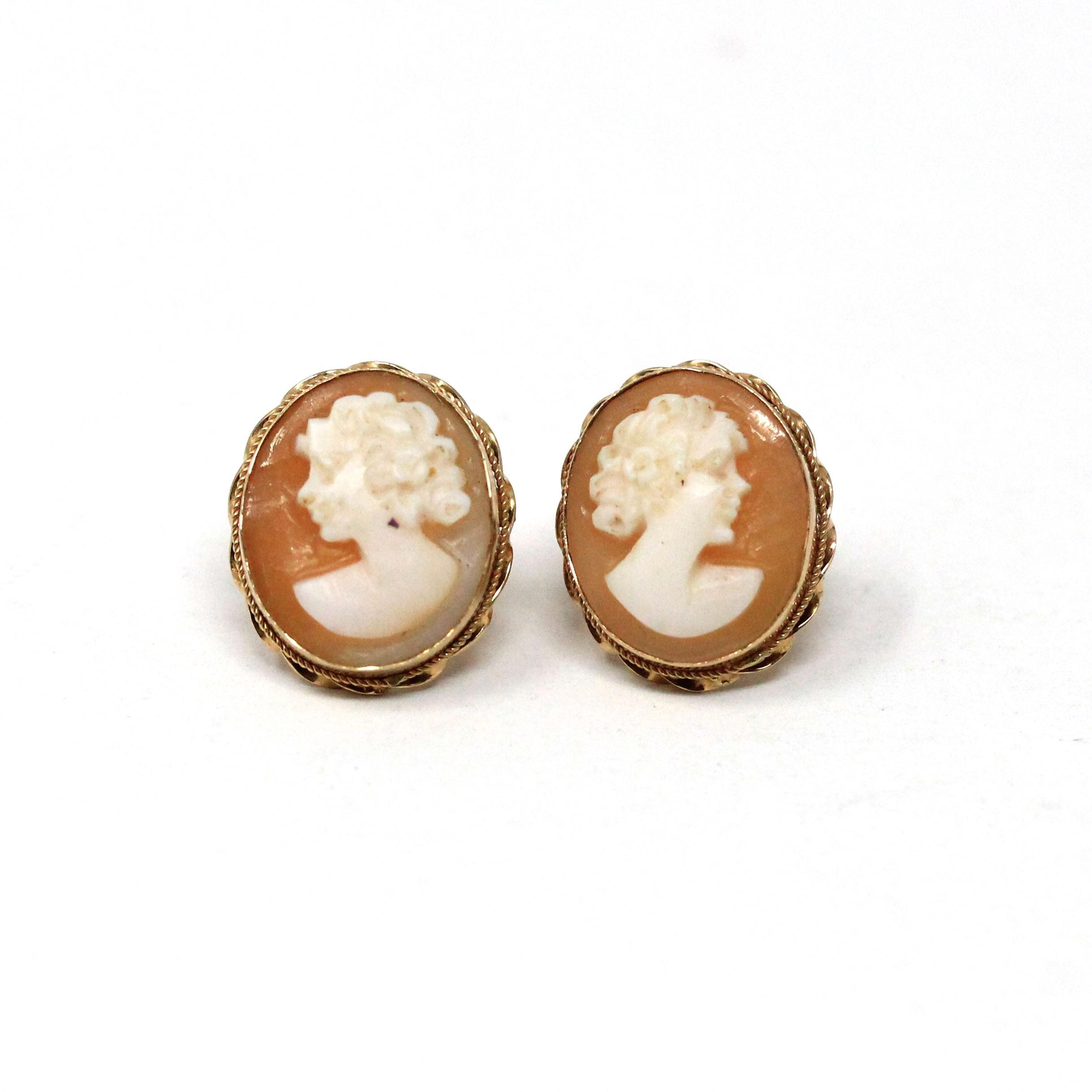 Vintage Cameo Earrings - Mid Century 14k Yellow Gold Oval Carved Shell Portrait Post Backs - Circa 1940s Era Fashion Accessories Jewelry