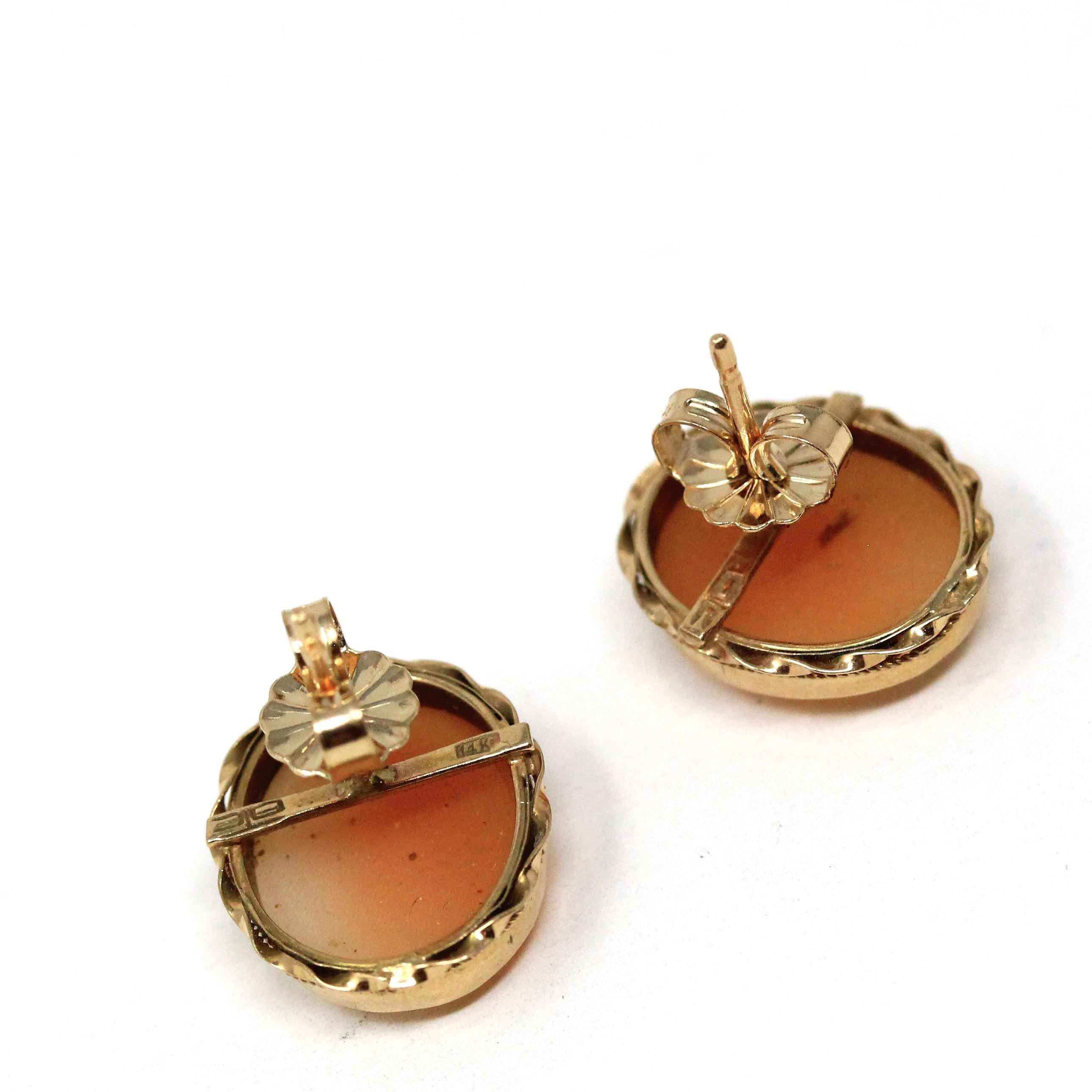Vintage Cameo Earrings - Mid Century 14k Yellow Gold Oval Carved Shell Portrait Post Backs - Circa 1940s Era Fashion Accessories Jewelry
