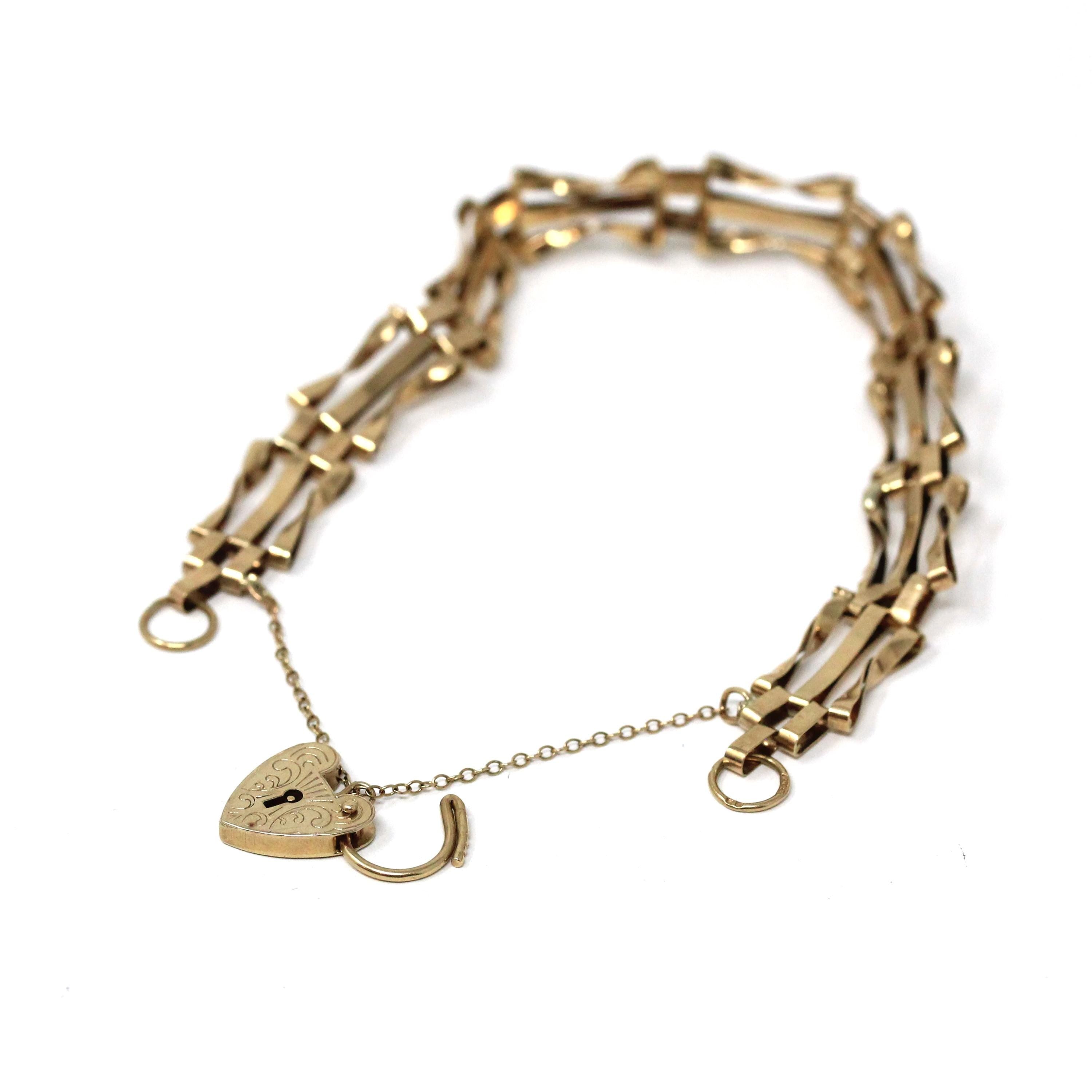 Vintage Padlock Bracelet - Retro 9ct Yellow Gold Heart Shaped Charm Key Hole - Circa 1970s Fancy Link Style Chain Fine Love Loyalty Jewelry