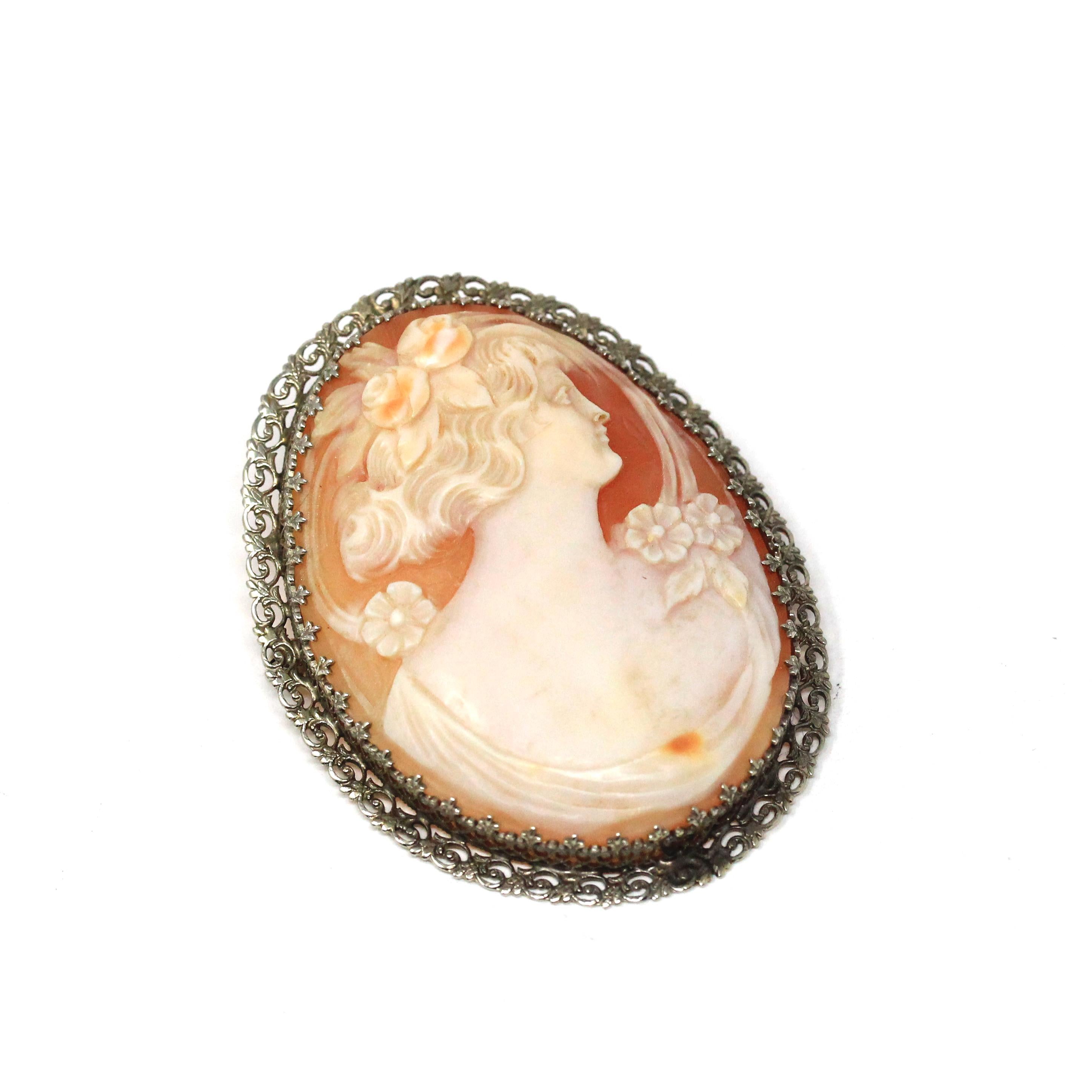 Vintage Cameo Brooch - Art Deco 14K White Gold Filigree Carved Shell Portrait Pin - Circa 1930s Woman's Silhouette Fashion Accessory Jewelry