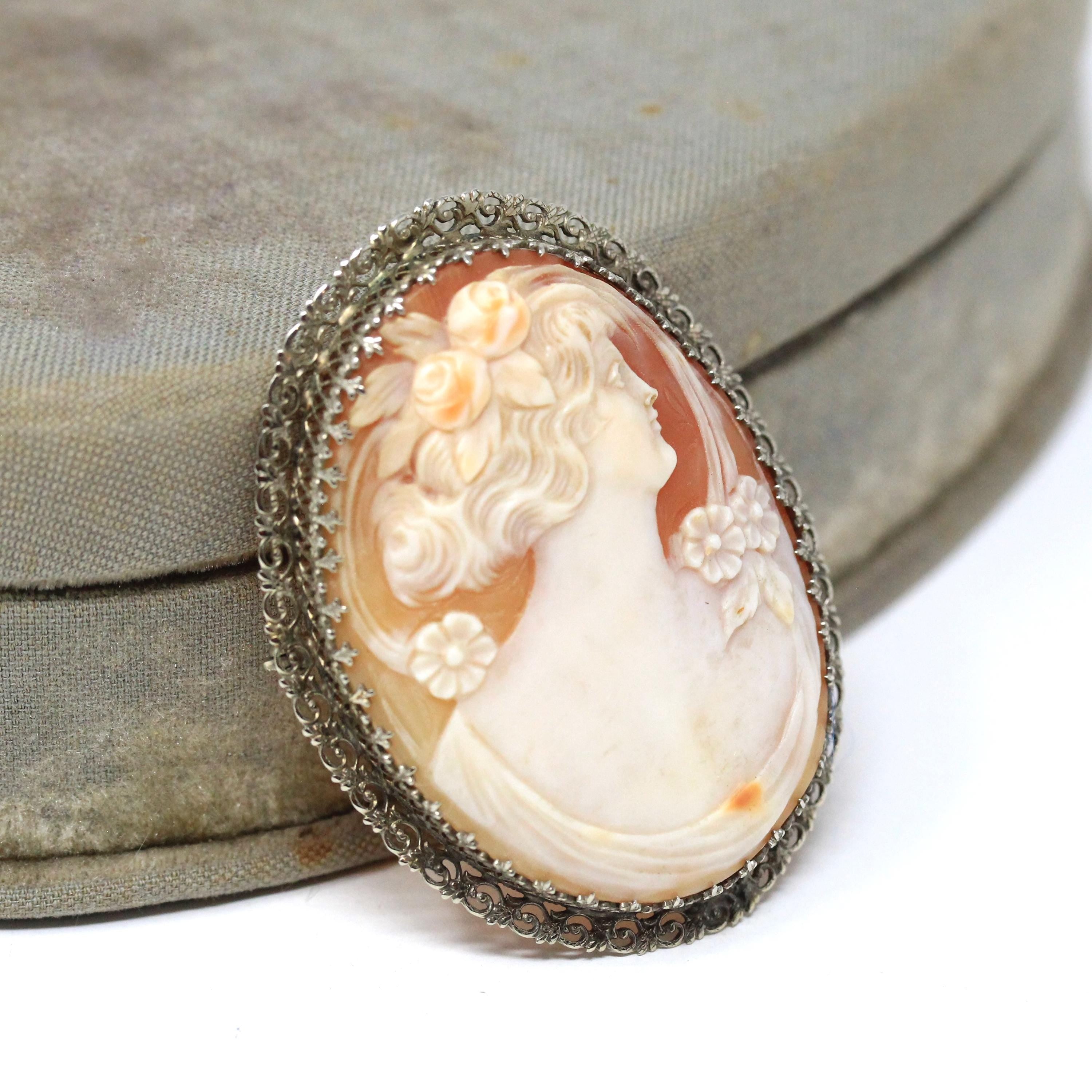 Vintage Cameo Brooch - Art Deco 14K White Gold Filigree Carved Shell Portrait Pin - Circa 1930s Woman's Silhouette Fashion Accessory Jewelry