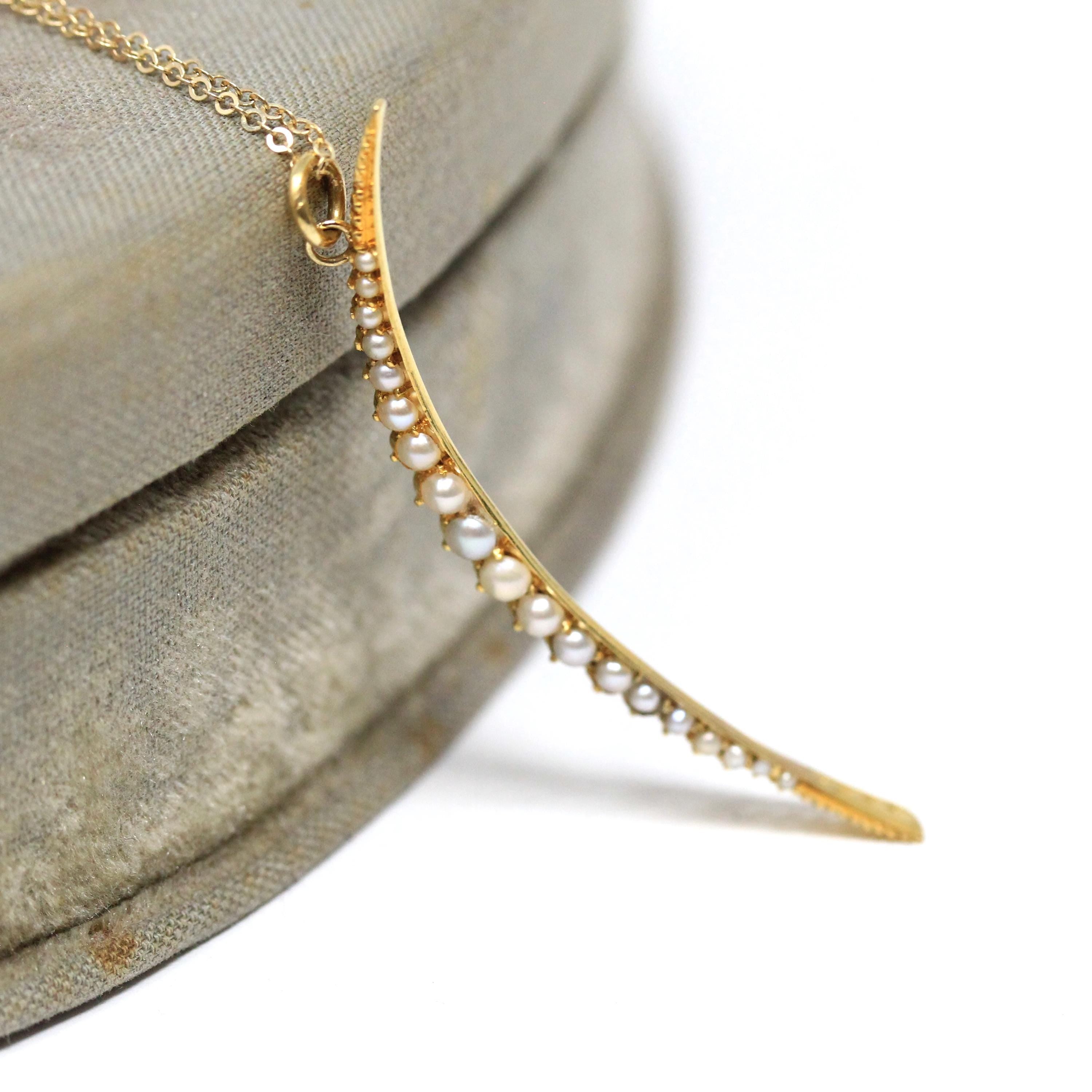 Crescent Moon Necklace - Retro 15k Yellow Gold Cultured Seed Pearls Celestial Pendant - Vintage Circa 1940s Era Statement Fine 40s Jewelry