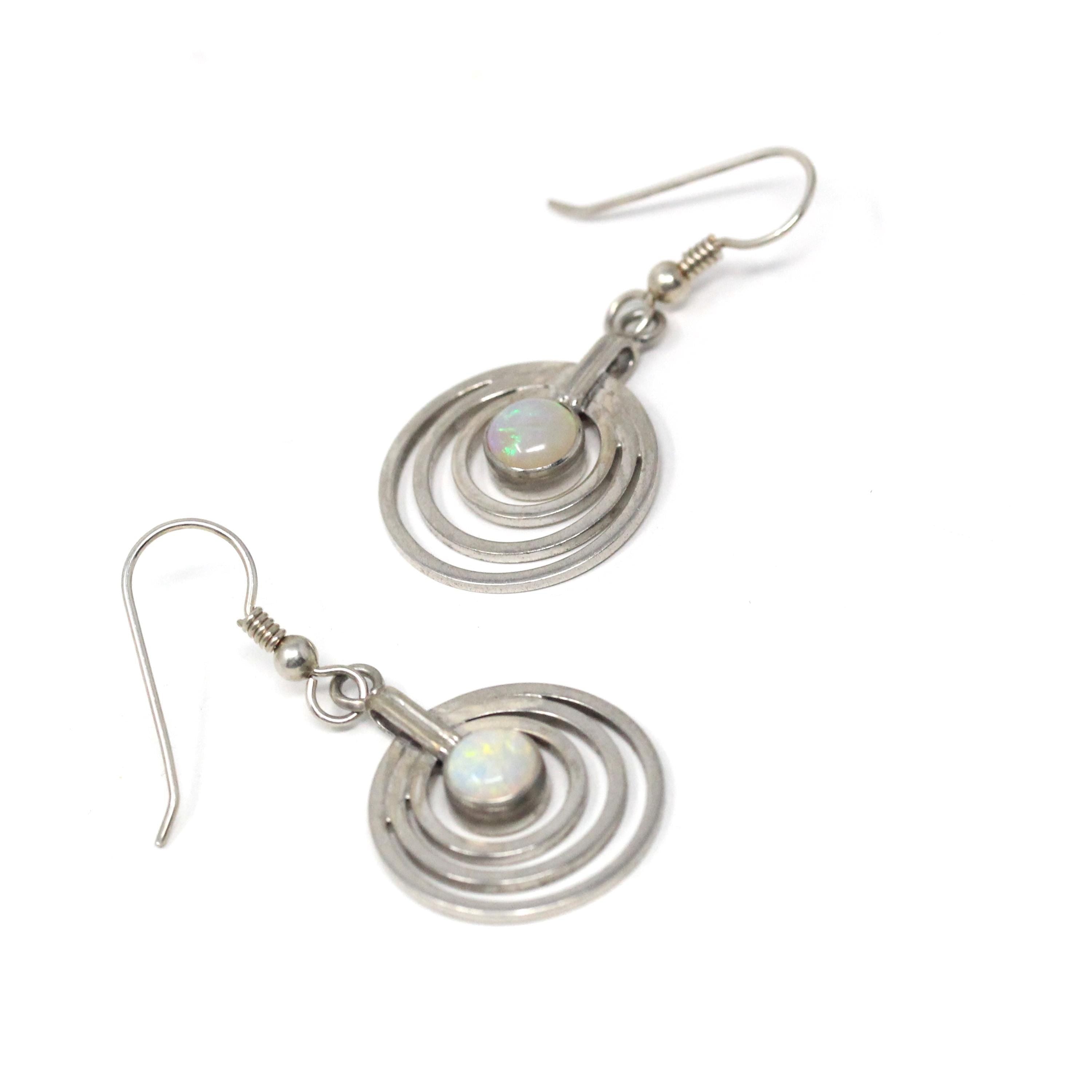 Modern Opal Earrings - Estate Sterling Silver Open Metal Design Dangling Earrings - Circa 2000s Era Shepherds Hook Y2k Fashion Accessory