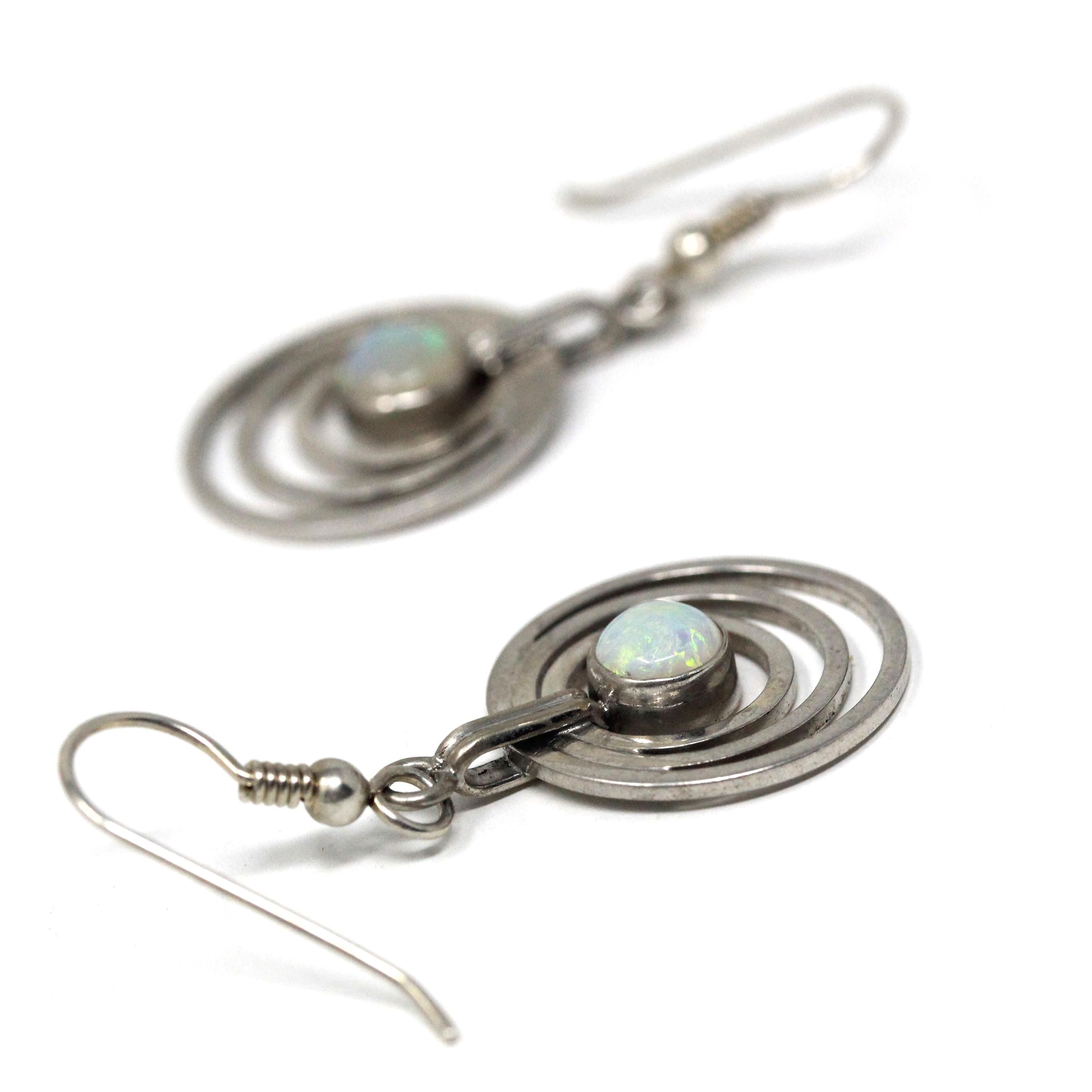 Modern Opal Earrings - Estate Sterling Silver Open Metal Design Dangling Earrings - Circa 2000s Era Shepherds Hook Y2k Fashion Accessory