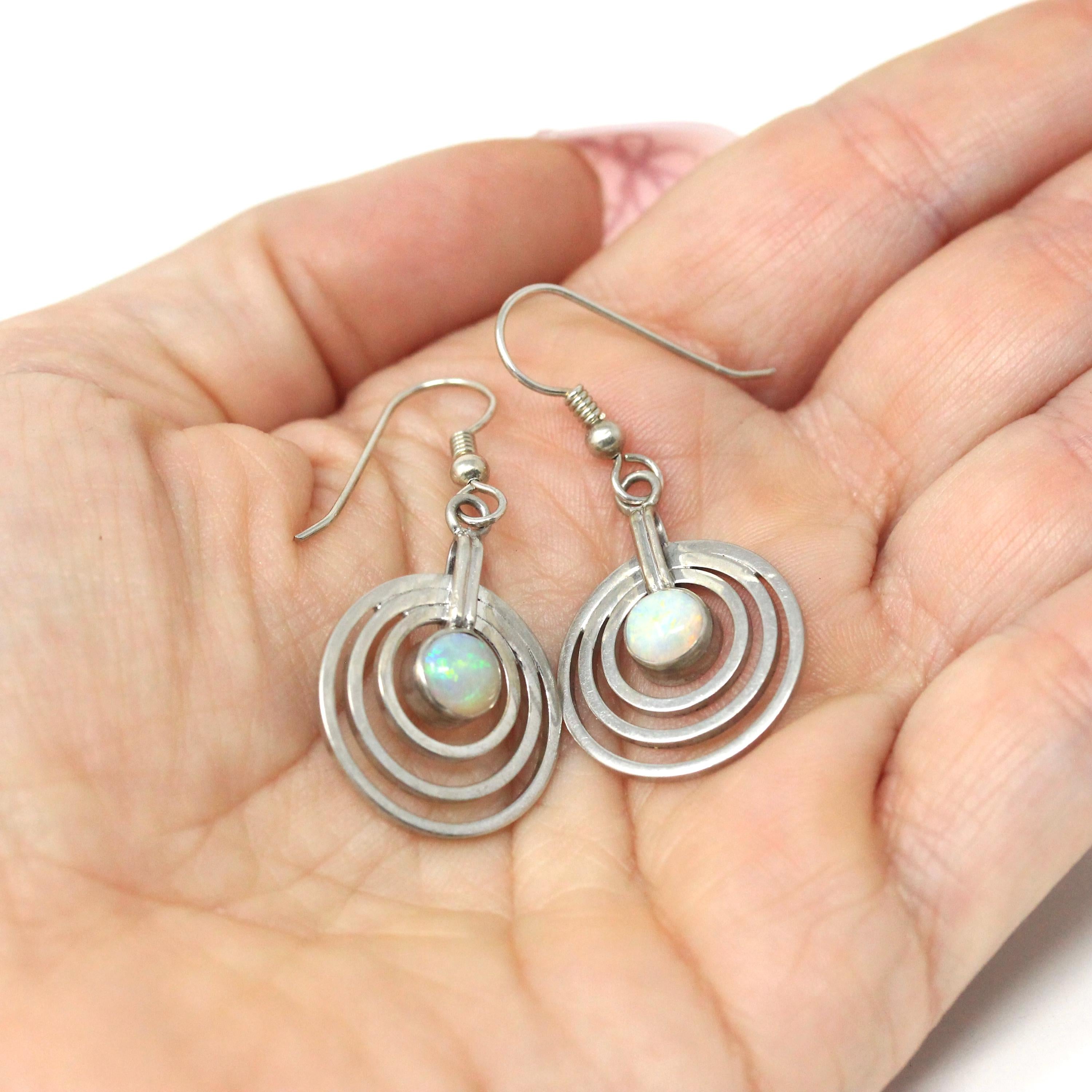 Modern Opal Earrings - Estate Sterling Silver Open Metal Design Dangling Earrings - Circa 2000s Era Shepherds Hook Y2k Fashion Accessory