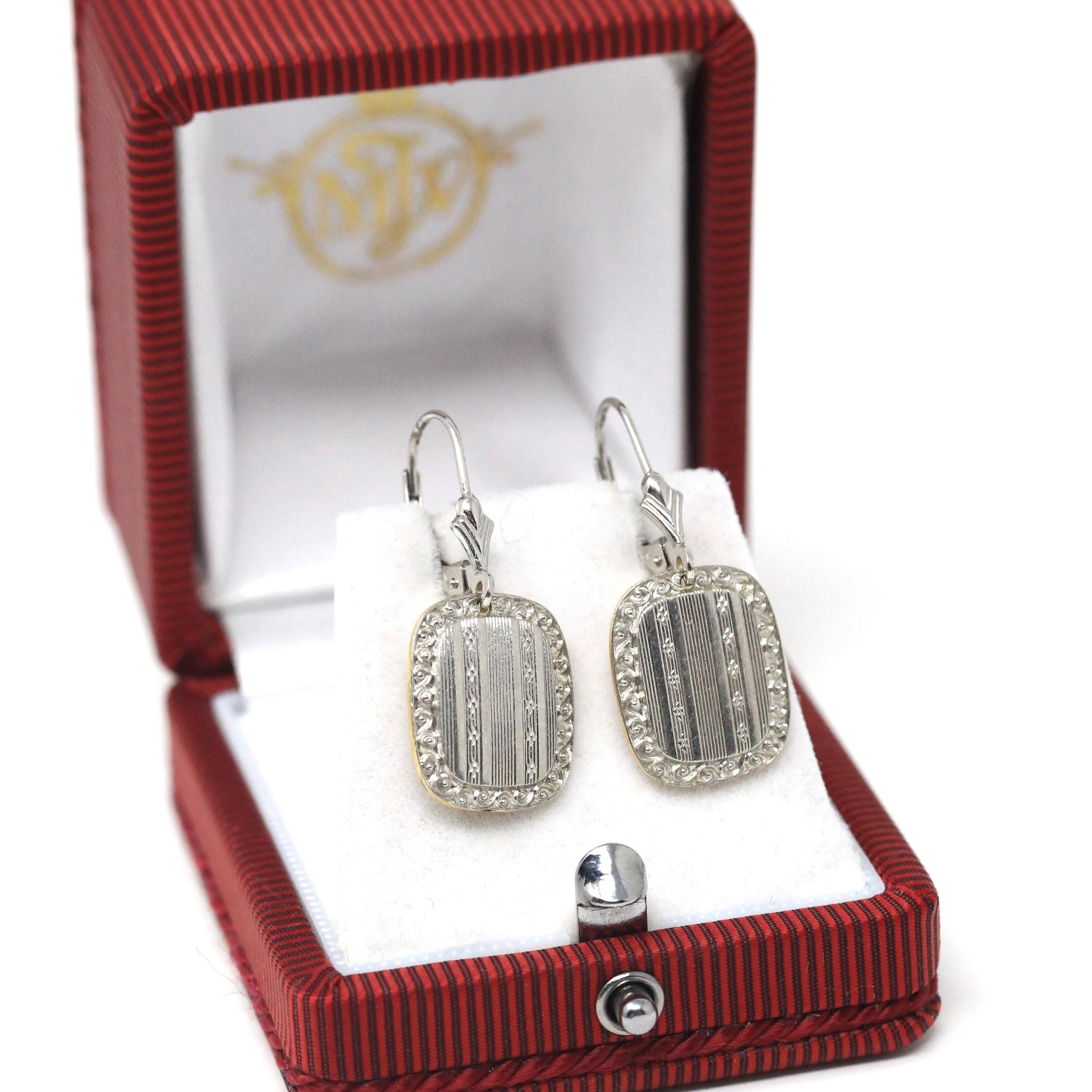 Art Deco Earrings - Antique 14k & 18k White Gold Platinum Cufflink Conversion Leverbacks - Vintage Circa 1920s Era Statement Fine Jewelry