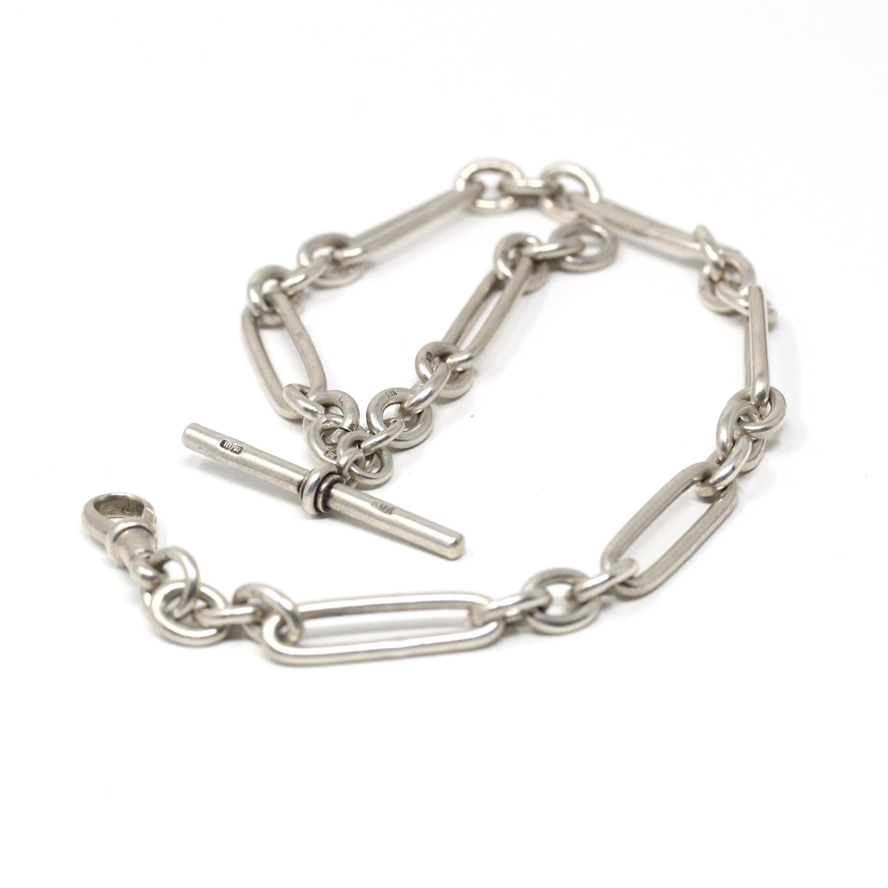 Pocket Watch Chain - Art Deco Era Sterling Silver English Hallmarked Elongated Links T Bar - Antique Vintage Dated 1927 Fine Unisex Jewelry