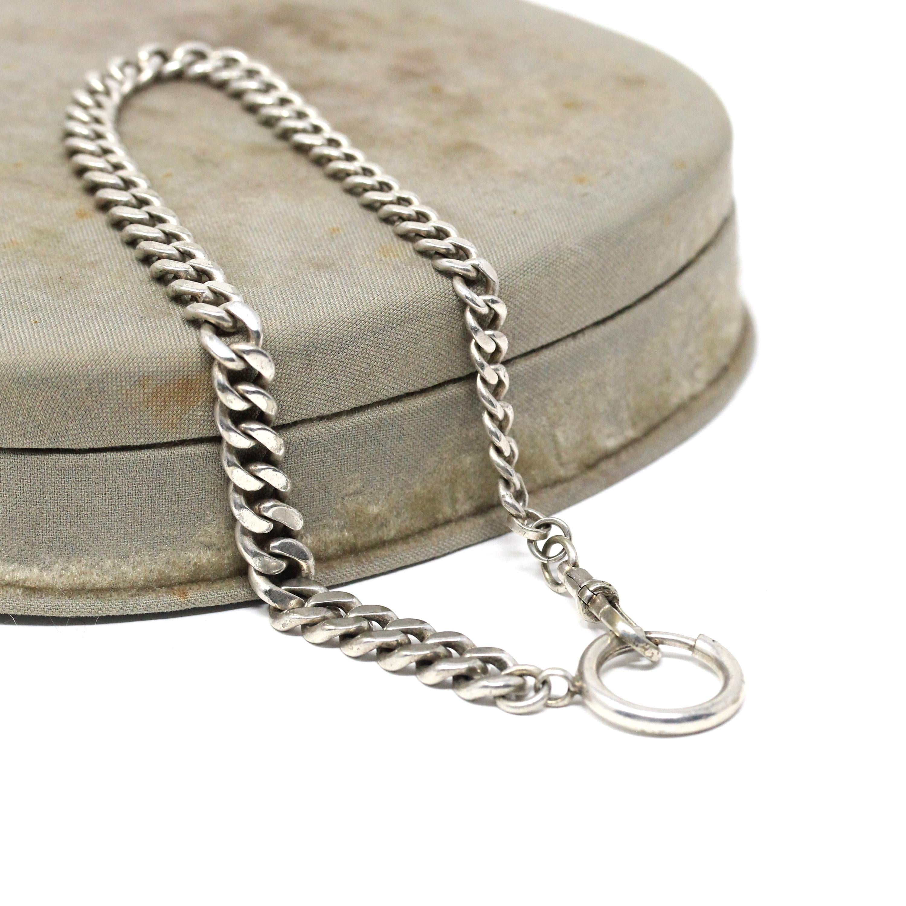 Pocket Watch Chain - Antique Sterling Silver Revere Silversmiths Dog Clip Spring Ring Curb Links - Vintage Art Deco Era Fine Unisex Jewelry