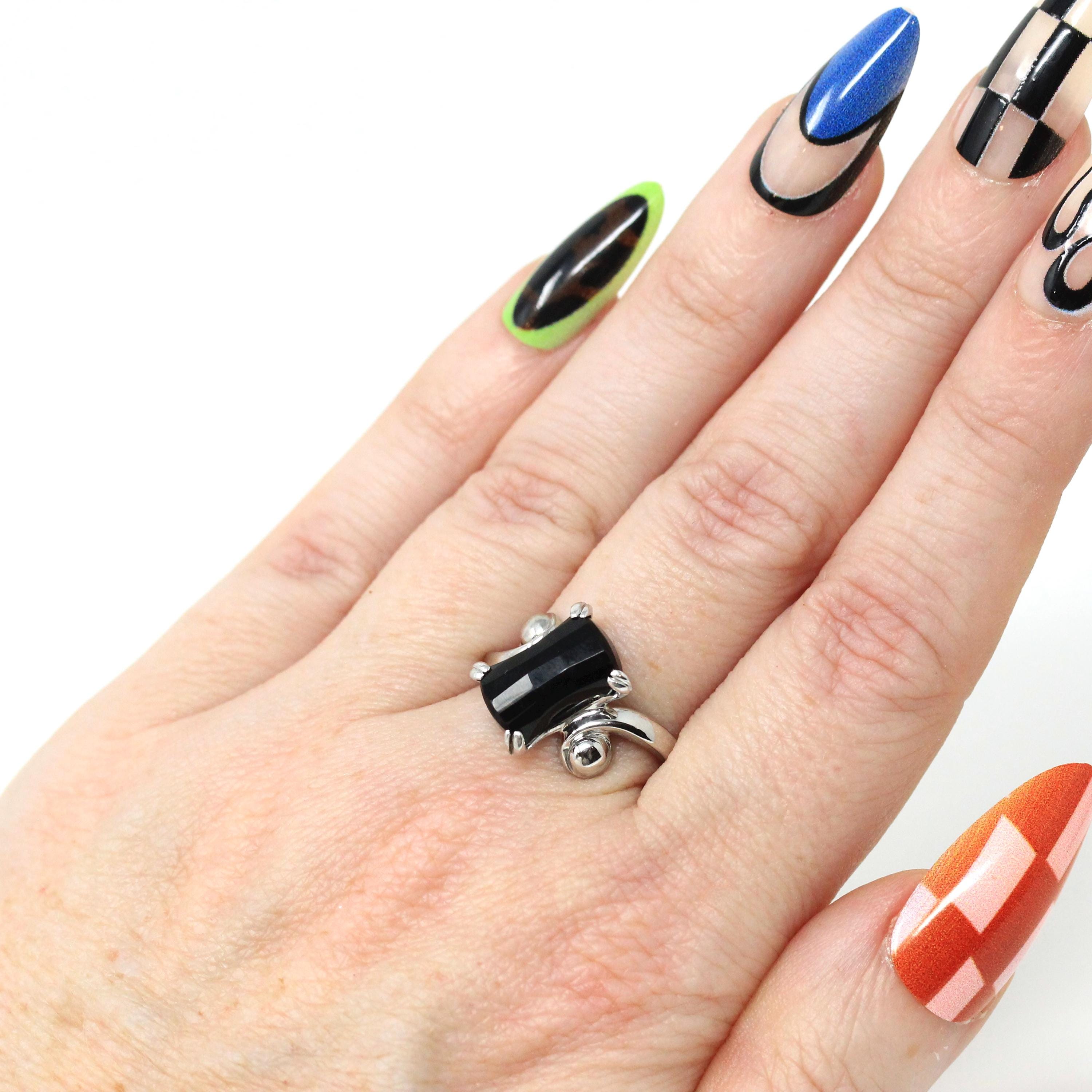 Onyx Bypass Ring - Mid Century 14k White Gold Natural Black Chalcedony Checkerboard Statement - Vintage Circa 1950s Size 7 1/4 Fine Jewelry