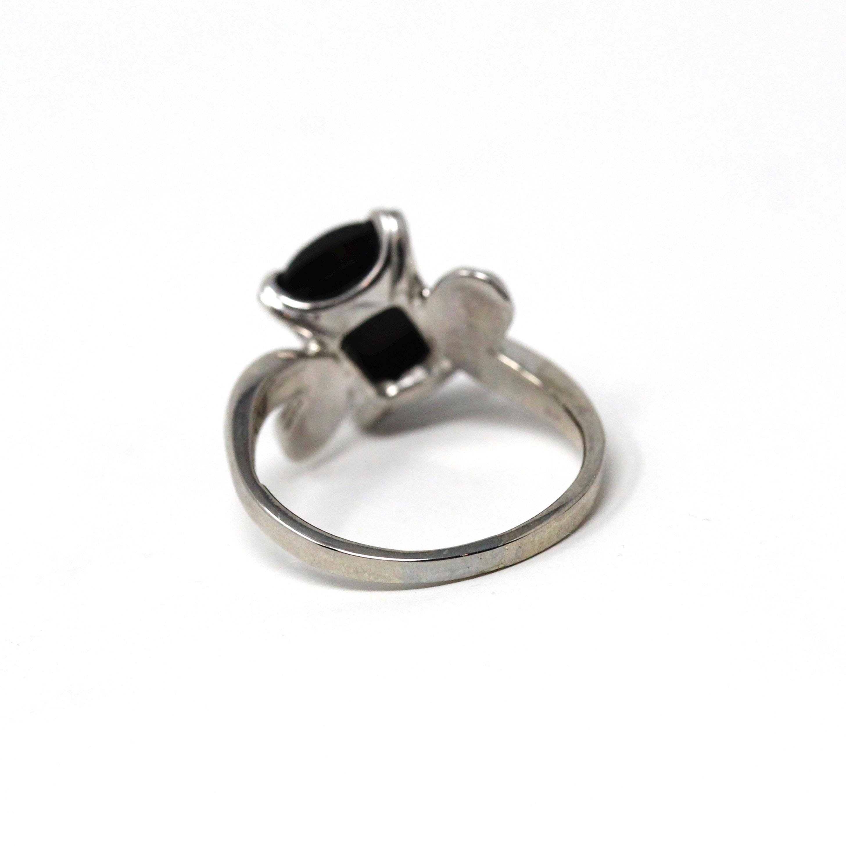Onyx Bypass Ring - Mid Century 14k White Gold Natural Black Chalcedony Checkerboard Statement - Vintage Circa 1950s Size 7 1/4 Fine Jewelry