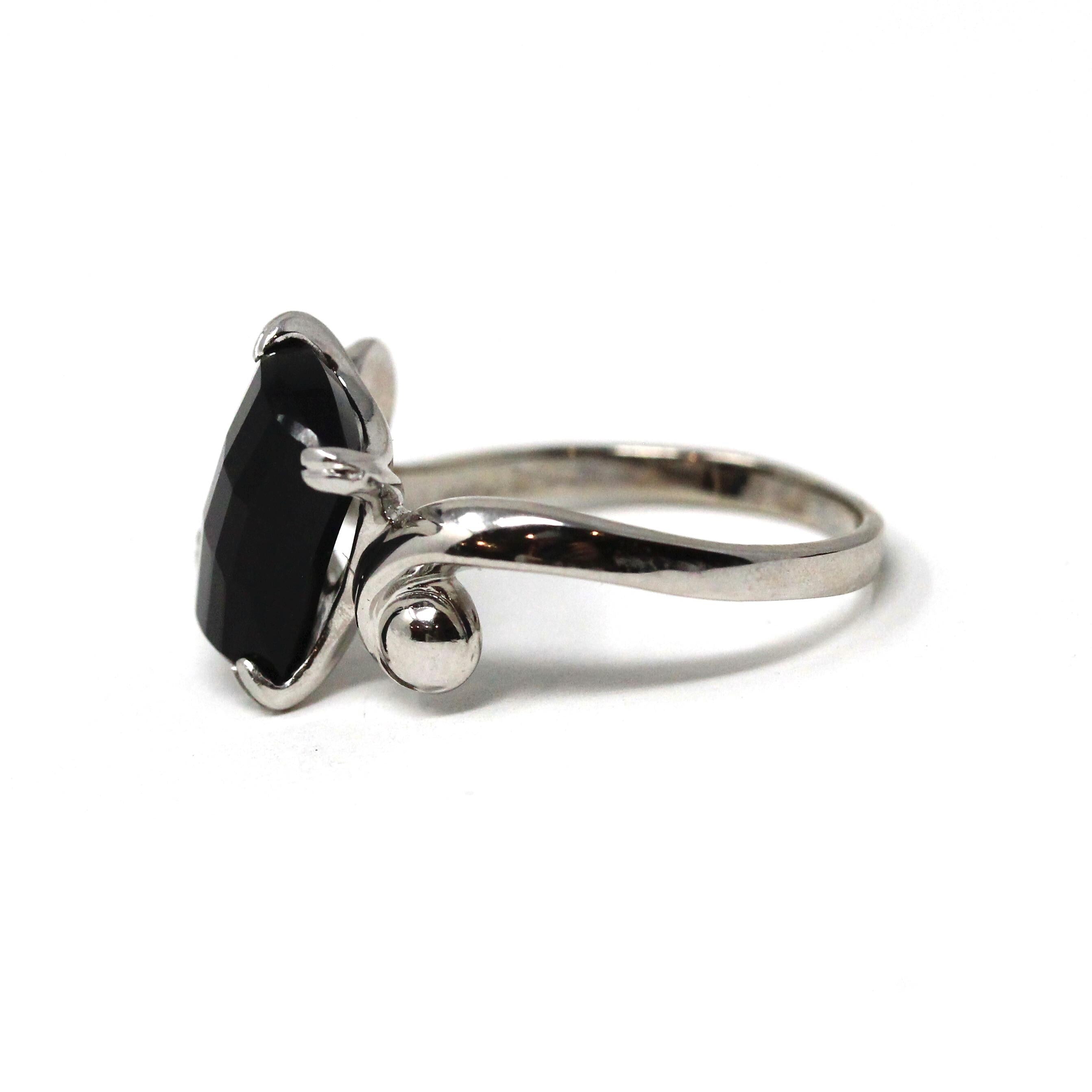 Onyx Bypass Ring - Mid Century 14k White Gold Natural Black Chalcedony Checkerboard Statement - Vintage Circa 1950s Size 7 1/4 Fine Jewelry