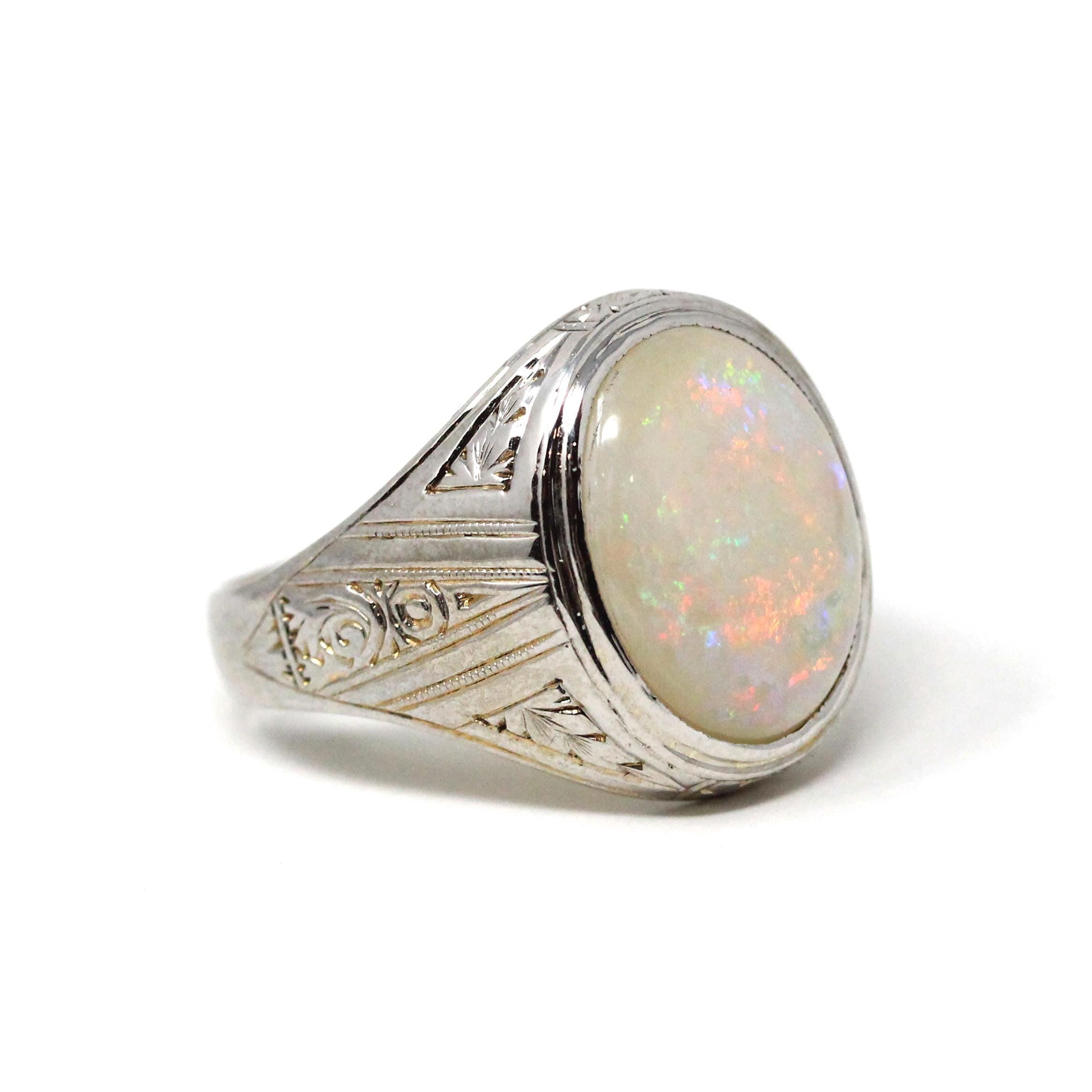 Vintage Opal Ring - Art Deco 14k White Gold Men's Unisex Oval Statement Ring - Circa 1920s Streeter Brothers October Birthstone Fine Jewelry
