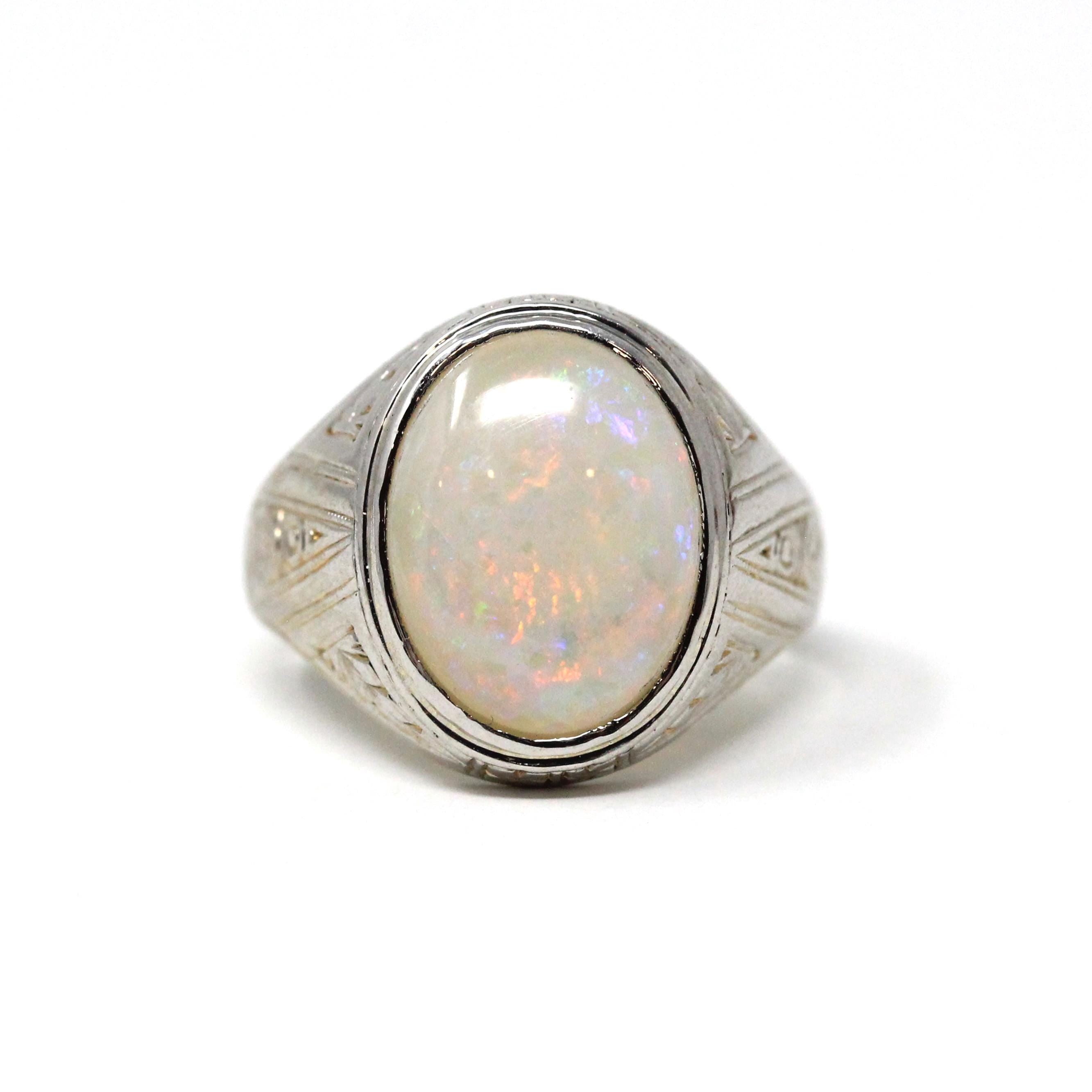 Vintage Opal Ring - Art Deco 14k White Gold Men's Unisex Oval Statement Ring - Circa 1920s Streeter Brothers October Birthstone Fine Jewelry