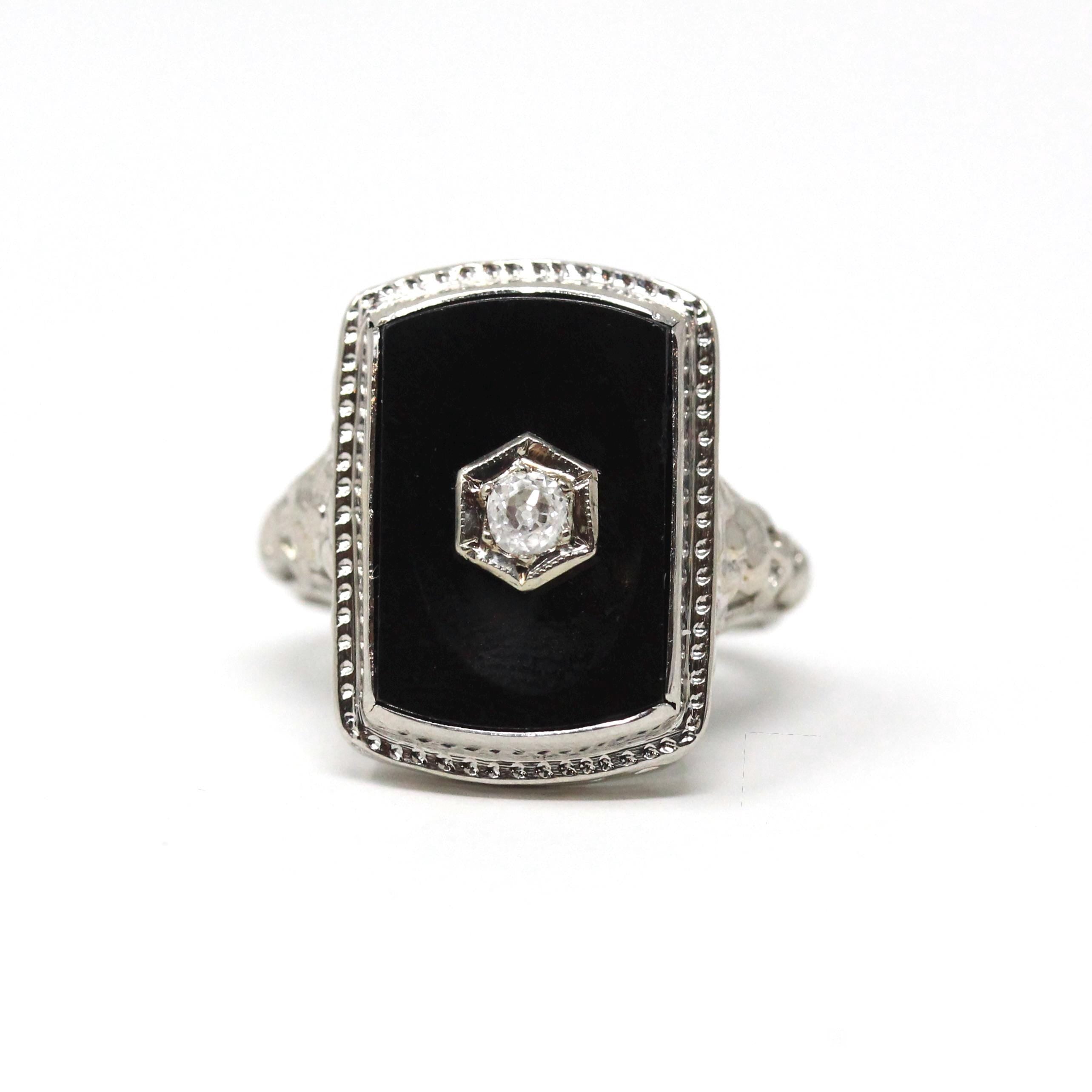 Onyx Filigree Ring - Art Deco Era 14k White Gold Natural .08 CT Diamond Accent - Vintage Circa 1930s Size 5 1/2 Black Chalcedony Jewelry