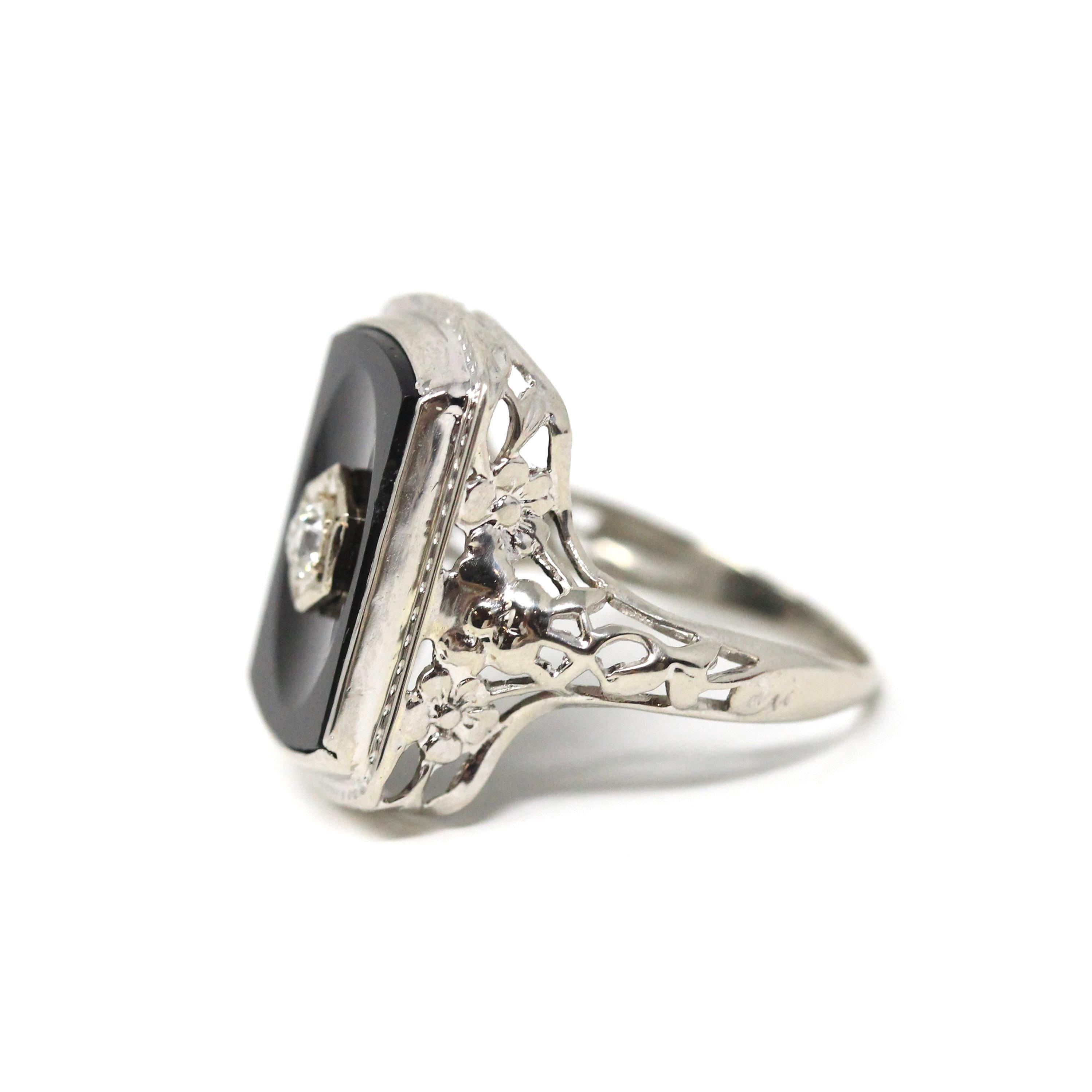 Onyx Filigree Ring - Art Deco Era 14k White Gold Natural .08 CT Diamond Accent - Vintage Circa 1930s Size 5 1/2 Black Chalcedony Jewelry