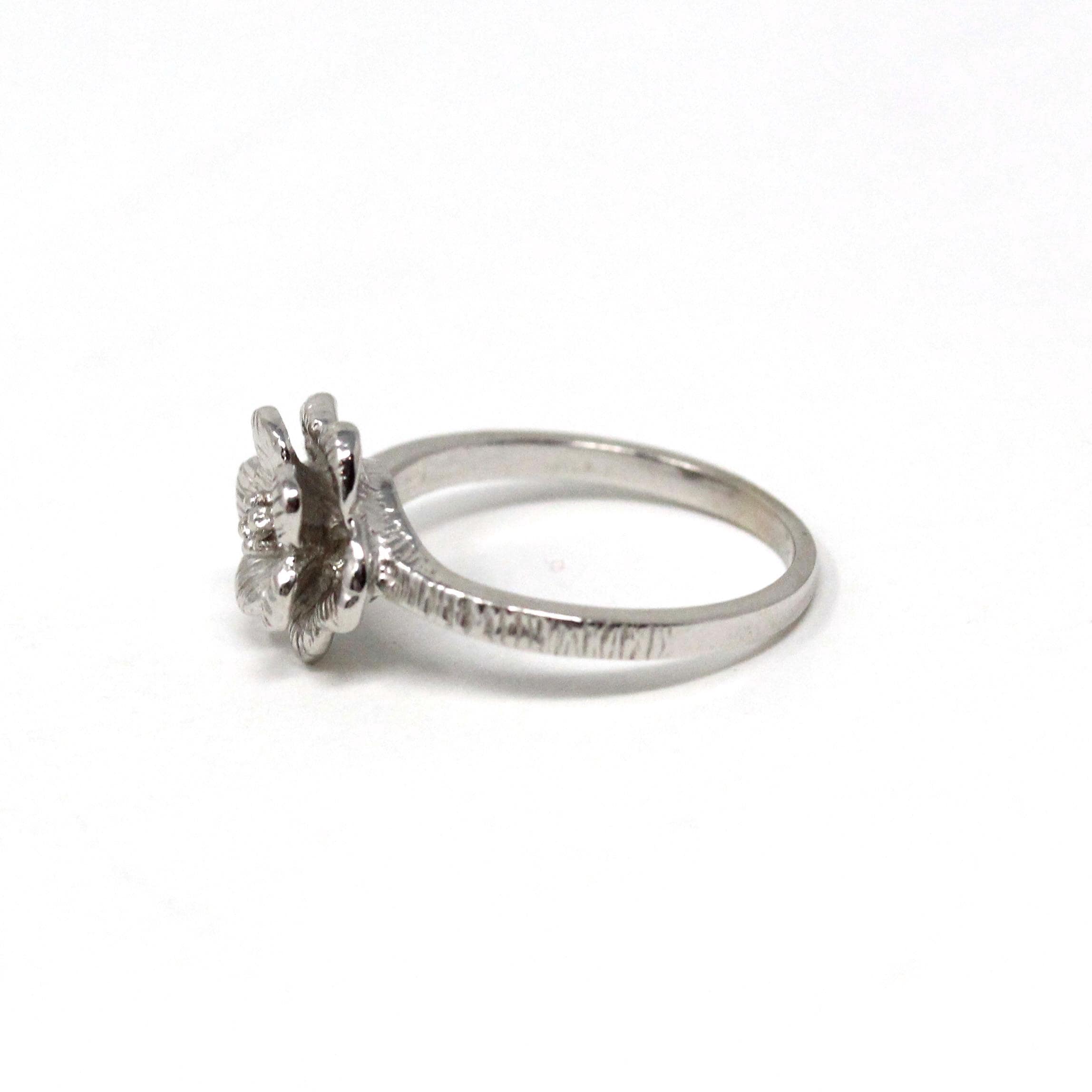 Modern Flower Ring - Estate 14k White Gold Natural Round Brilliant Cut Diamond - Vintage Circa 1990s Era Size 5 Fine Statement Jewelry