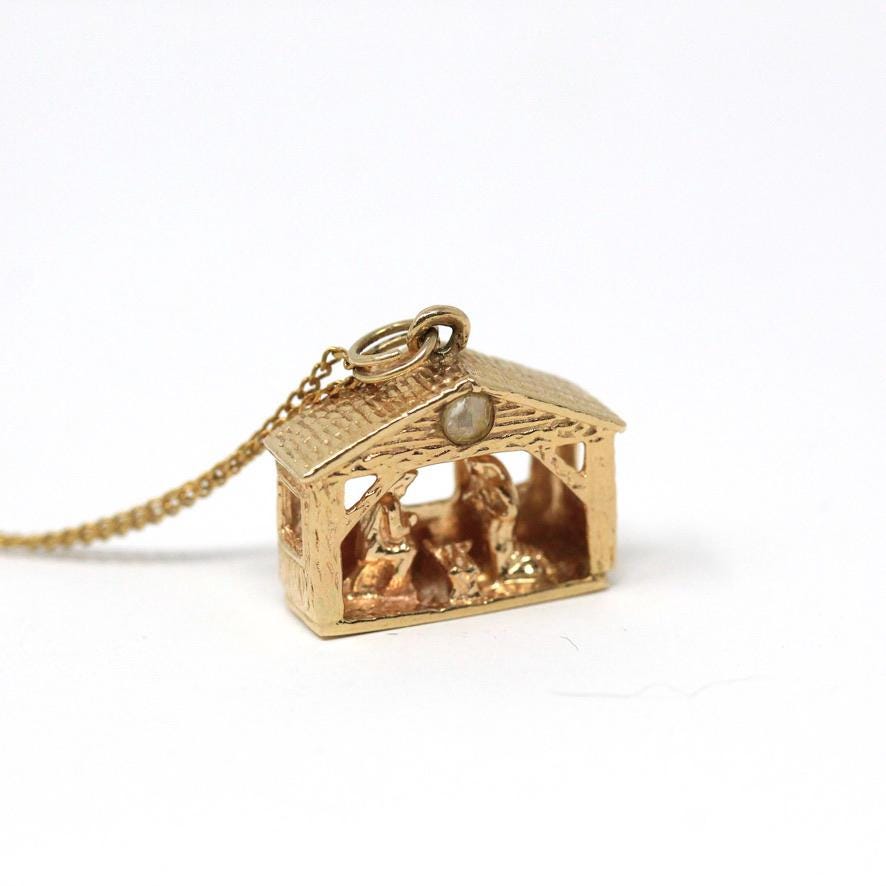 Lord's Prayer Manger Charm - Modern Era 14k Yellow Gold Stable Pendant & Viewing Window - Estate Circa 1990s Era Christianity Fine Jewelry