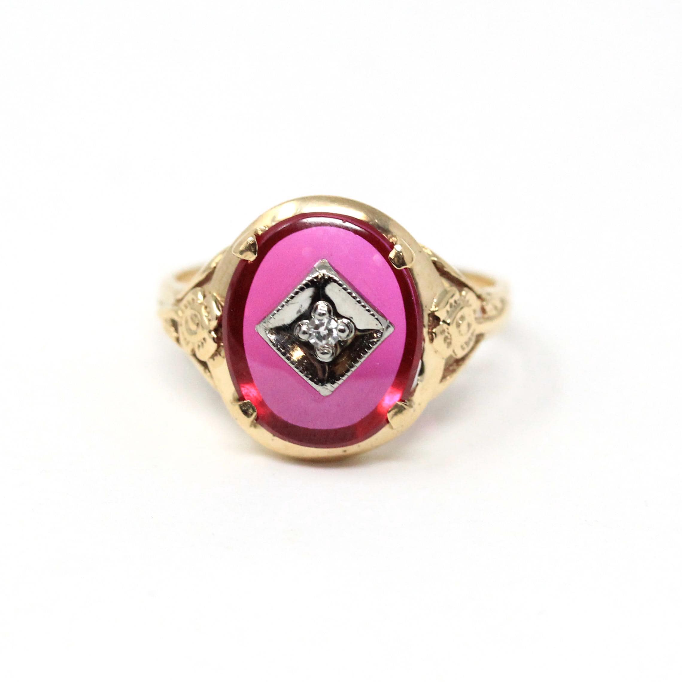Vintage Cocktail Ring - Retro 10k Yellow Gold Natural Diamond Created Red Ruby Statement - Circa 1940s Era Size 6 Two Tone Fine 40s Jewelry