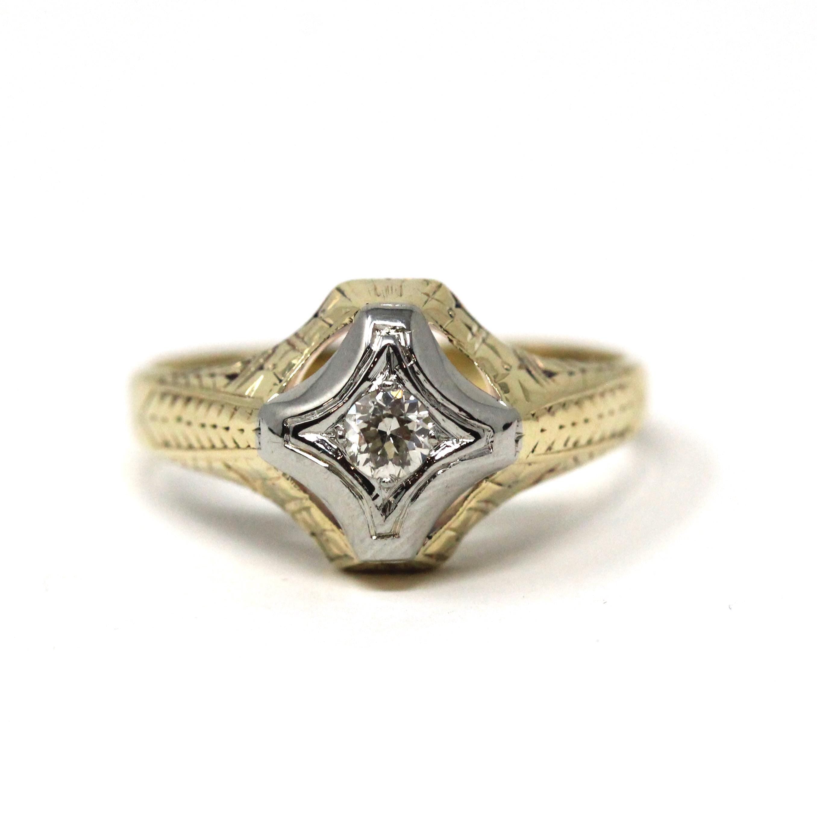 Vintage Diamond Ring - Mid Century 14k Yellow & White Gold Unisex Men's Engagement - Circa 1940s Era Size 9 Two Tone Wedding Fine Jewelry