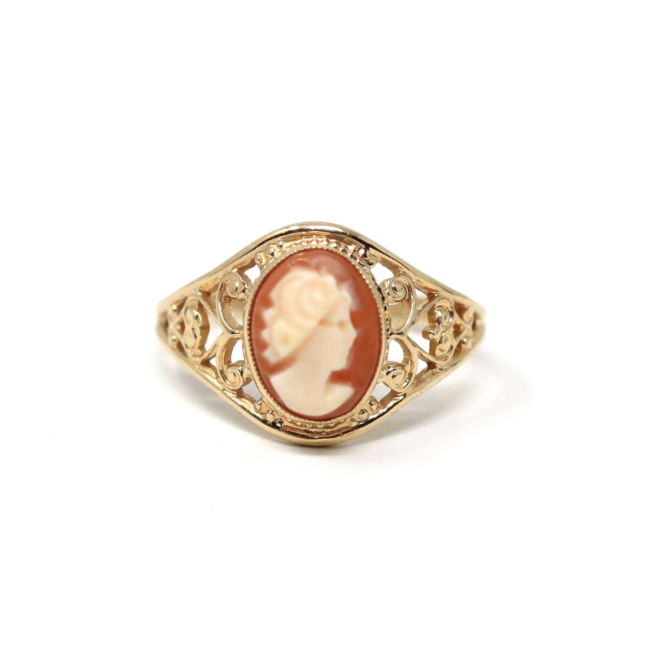 Vintage Cameo Ring - Retro 10k Yellow Gold Carved Genuine Oval Shell Woman Profile - Circa 1940s Era Size 3 3/4 Statement PSCO Fine Jewelry