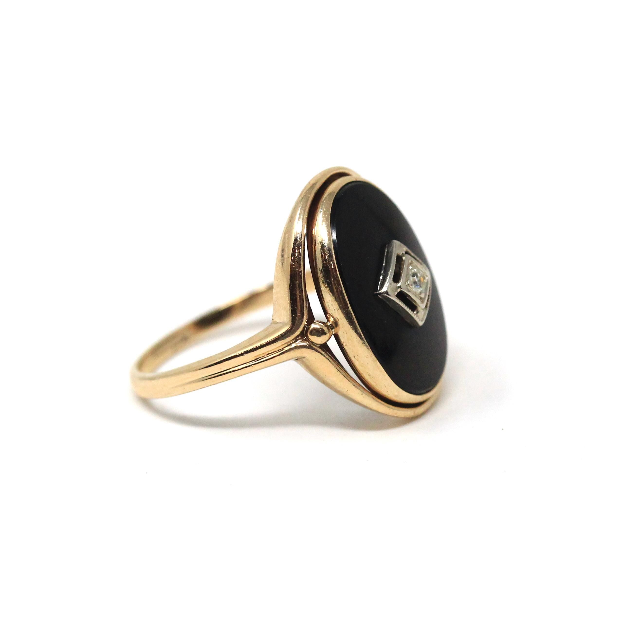 Art Deco Onyx Ring - Vintage 14k Yellow Gold Oval Black Chalcedony & Natural Diamond - Circa 1930s Era Size 7 3/4 Fine Statement Jewelry
