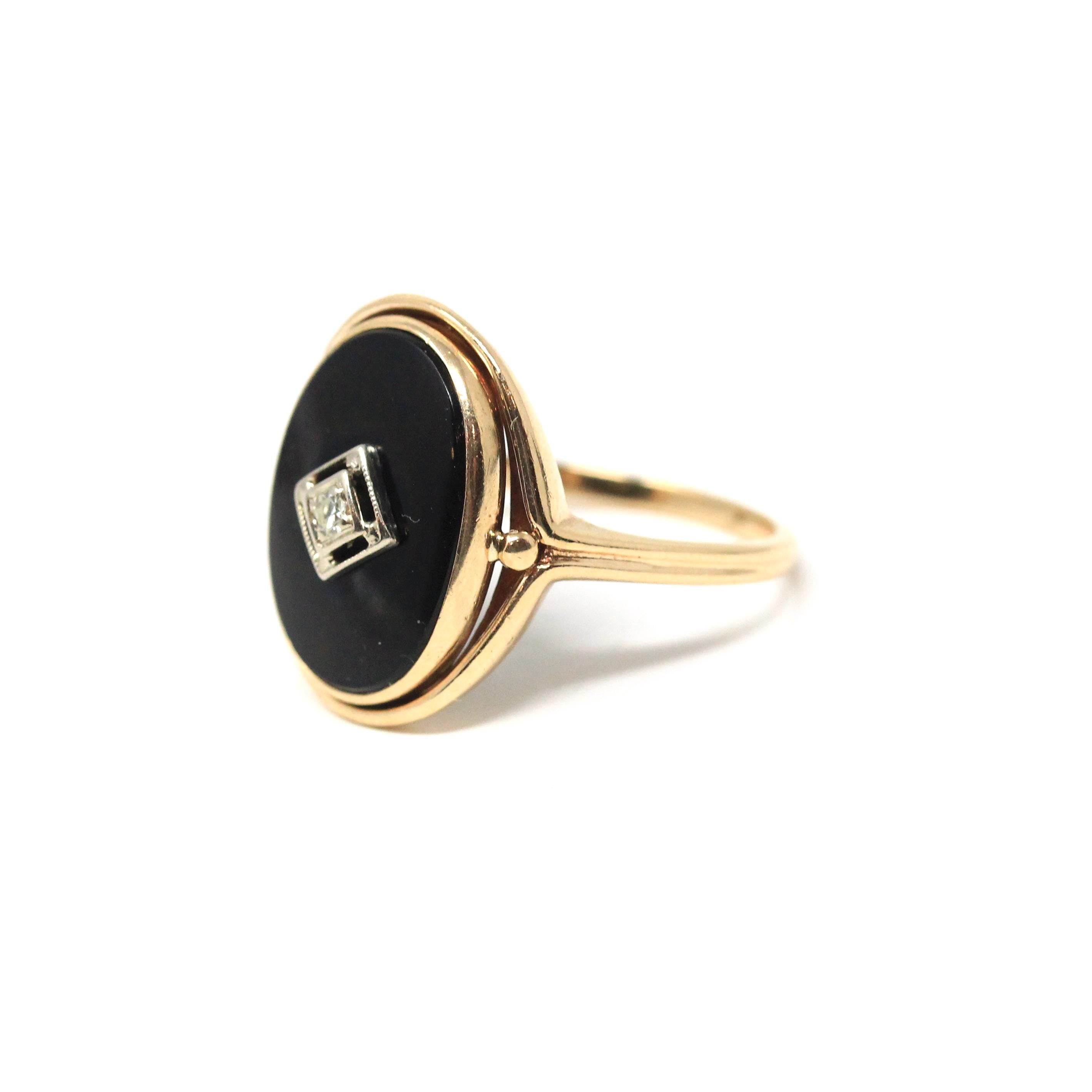 Art Deco Onyx Ring - Vintage 14k Yellow Gold Oval Black Chalcedony & Natural Diamond - Circa 1930s Era Size 7 3/4 Fine Statement Jewelry