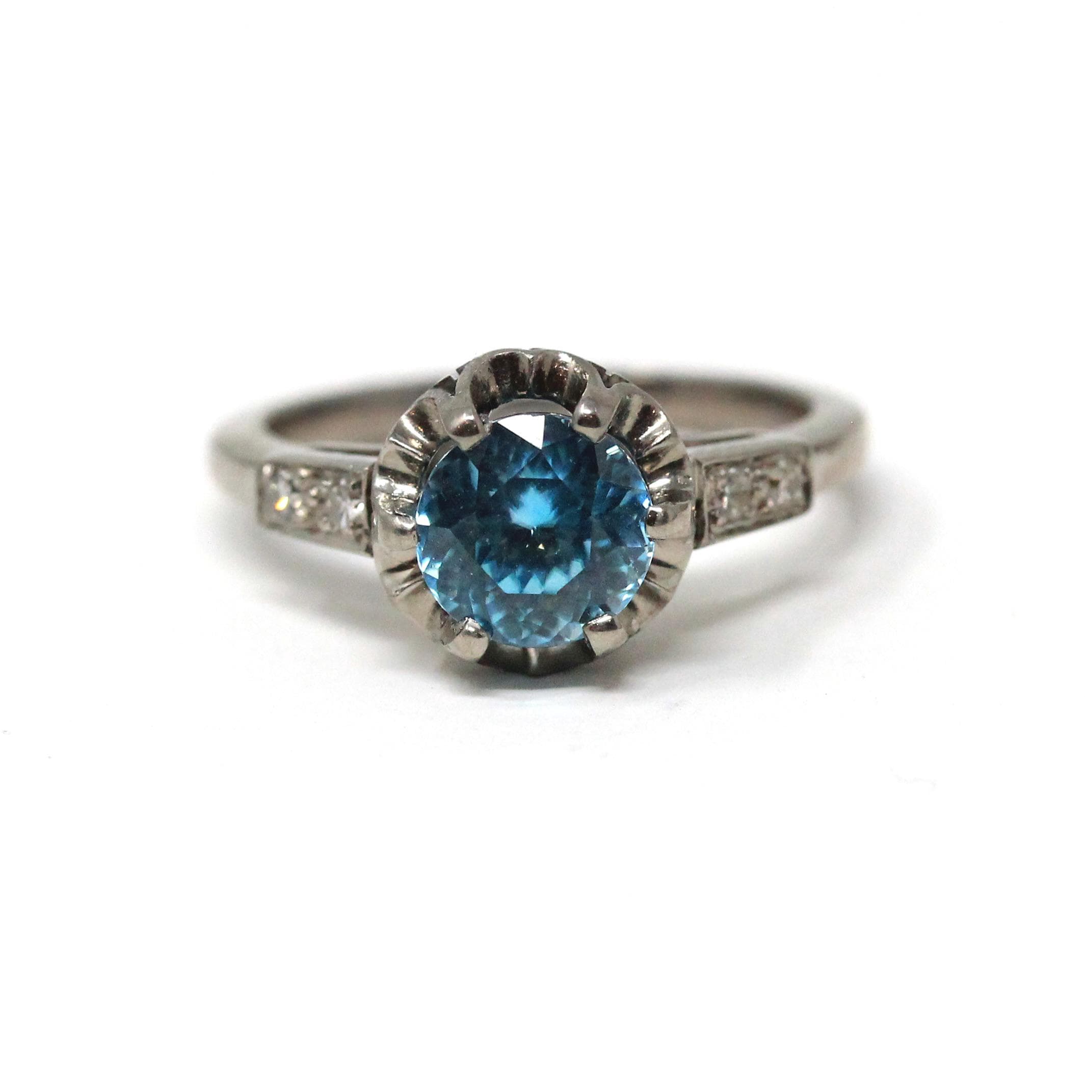 Mid Century Zircon Ring - Vintage 18k White Gold Natural Blue Gemstone Diamonds - Circa 1950s Size 5 Fine December Birthstone Bridal Jewelry