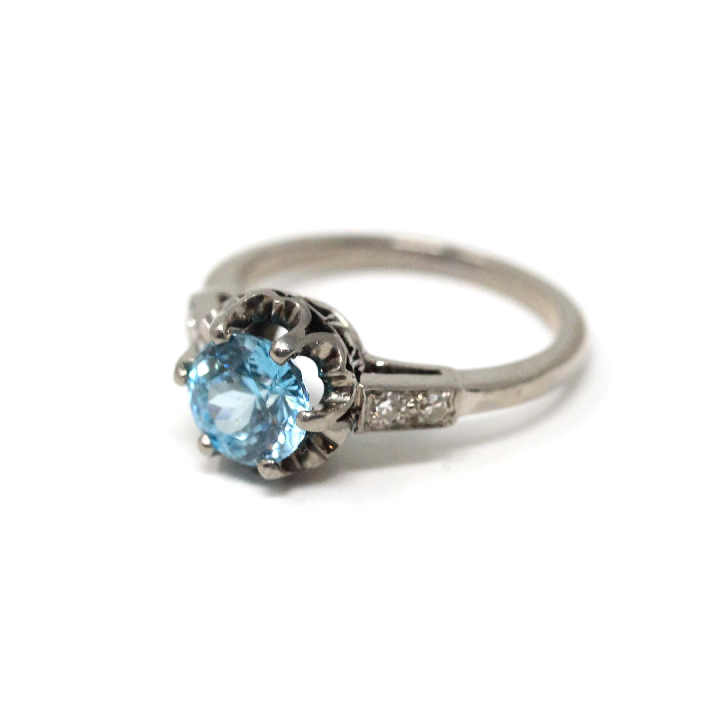Mid Century Zircon Ring - Vintage 18k White Gold Natural Blue Gemstone Diamonds - Circa 1950s Size 5 Fine December Birthstone Bridal Jewelry