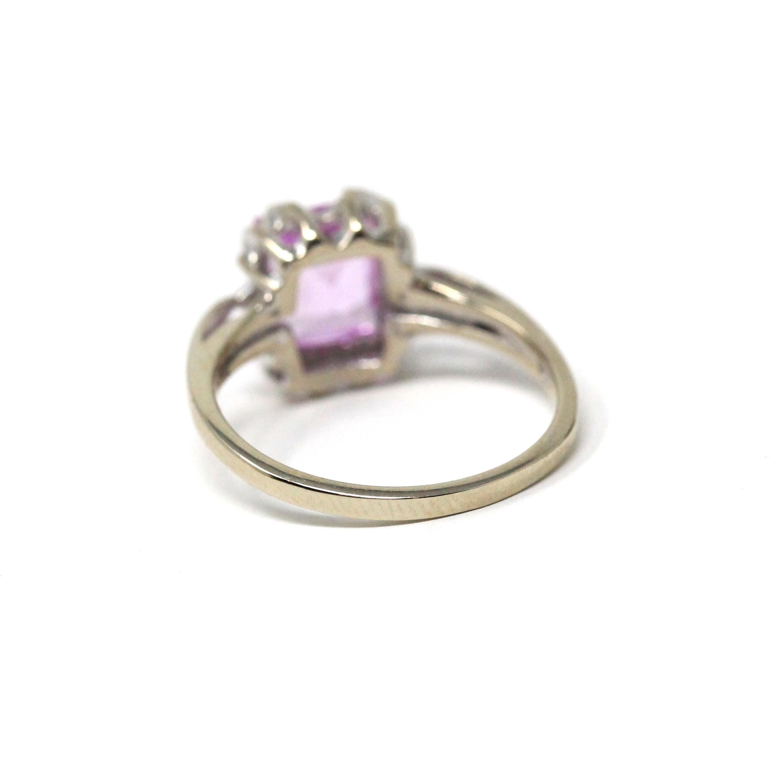 Created Sapphire Ring - Retro 10k White Gold Emerald Cut Pink Gemstone - Vintage Circa 1960s Size 6.5 New Old Stock Fine Statement Jewelry