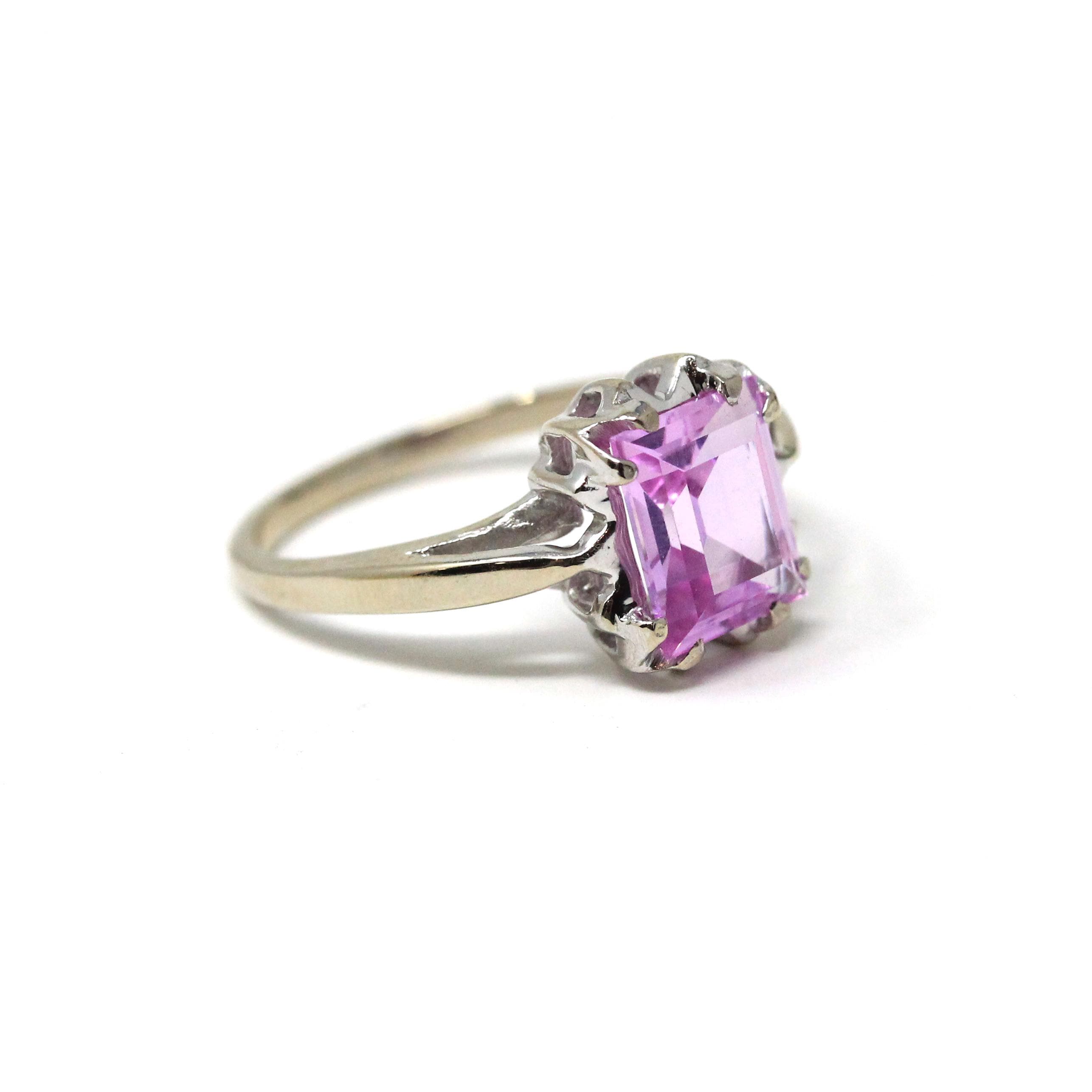 Created Sapphire Ring - Retro 10k White Gold Emerald Cut Pink Gemstone - Vintage Circa 1960s Size 6.5 New Old Stock Fine Statement Jewelry