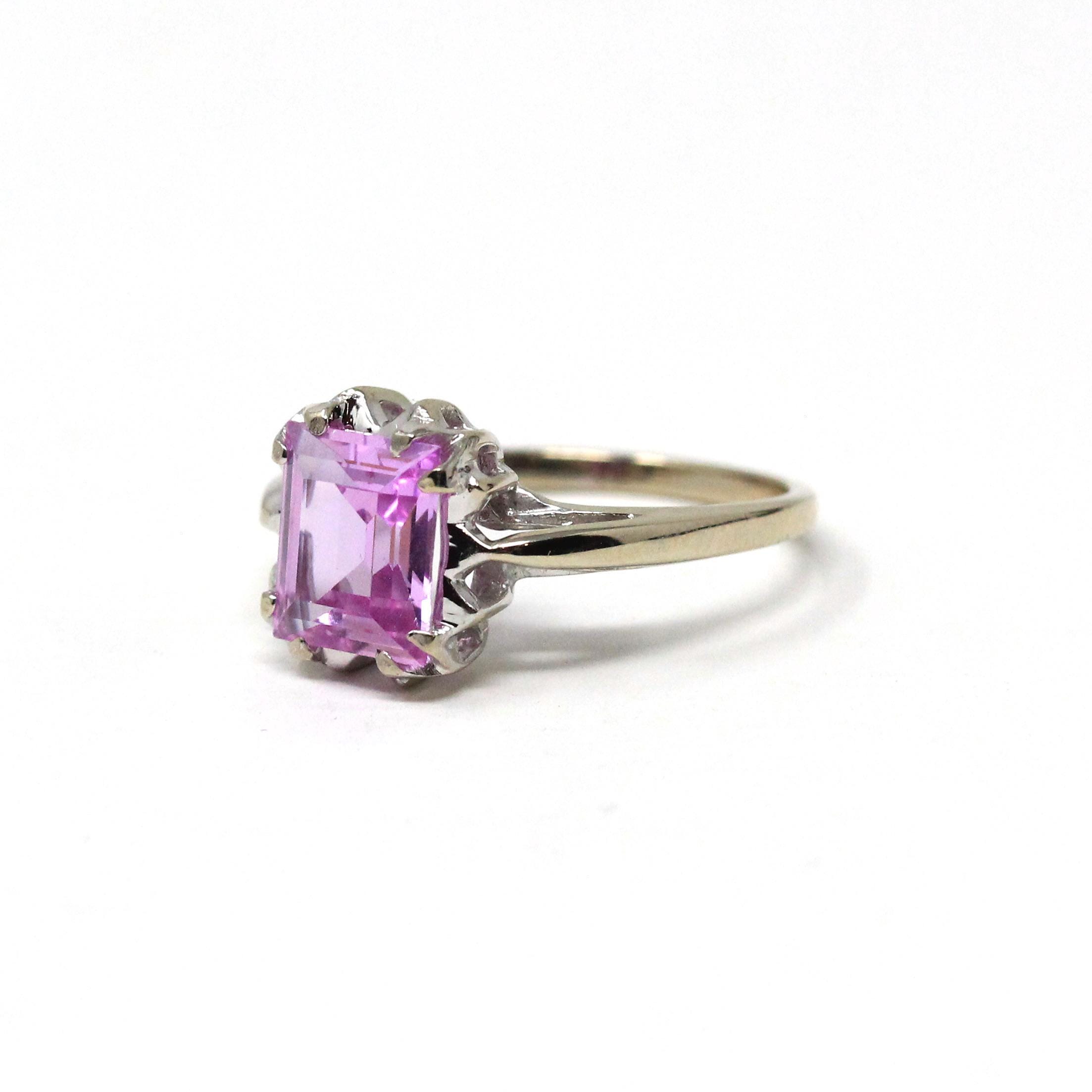 Created Sapphire Ring - Retro 10k White Gold Emerald Cut Pink Gemstone - Vintage Circa 1960s Size 6.5 New Old Stock Fine Statement Jewelry