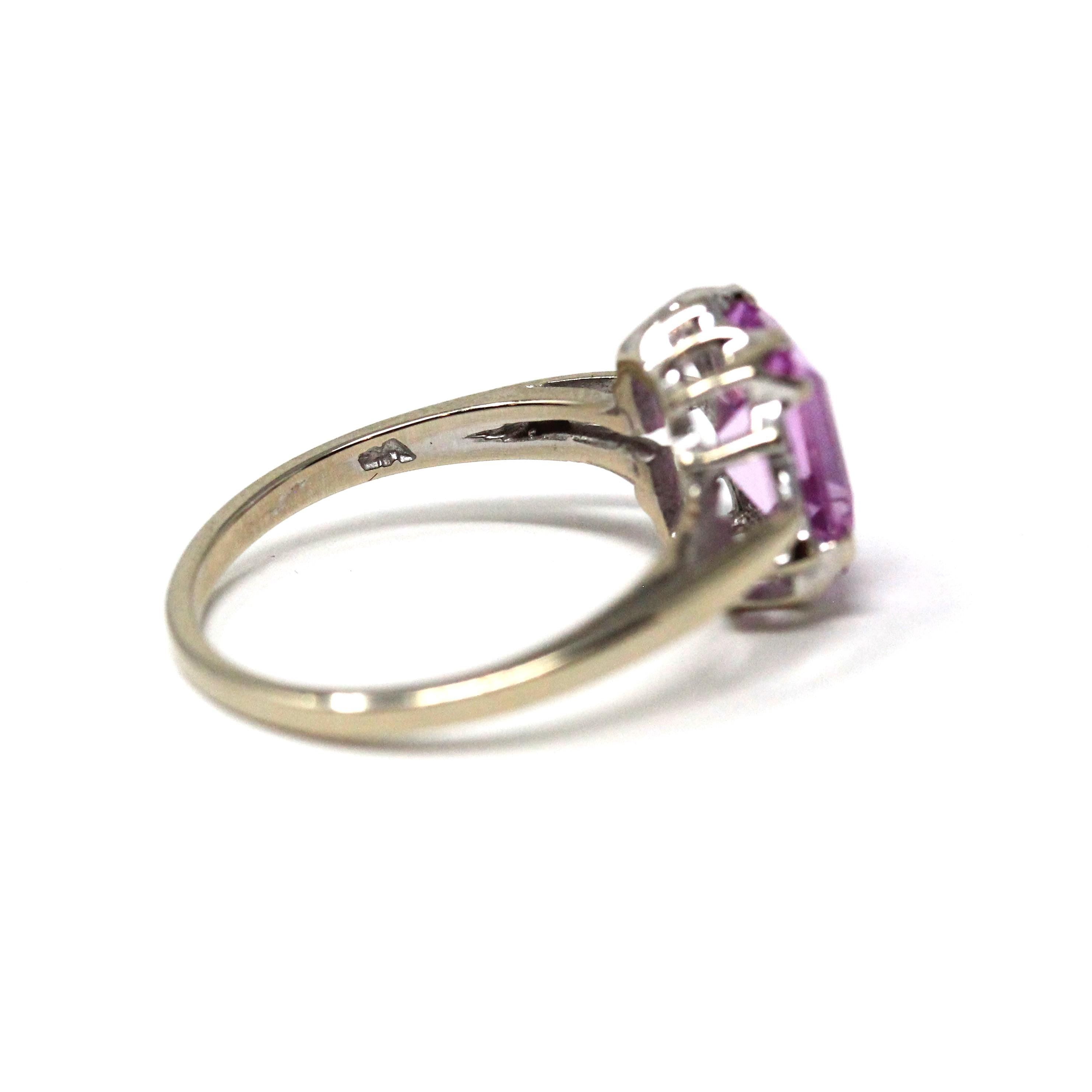 Created Sapphire Ring - Retro 10k White Gold Emerald Cut Pink Gemstone - Vintage Circa 1960s Size 6.5 New Old Stock Fine Statement Jewelry