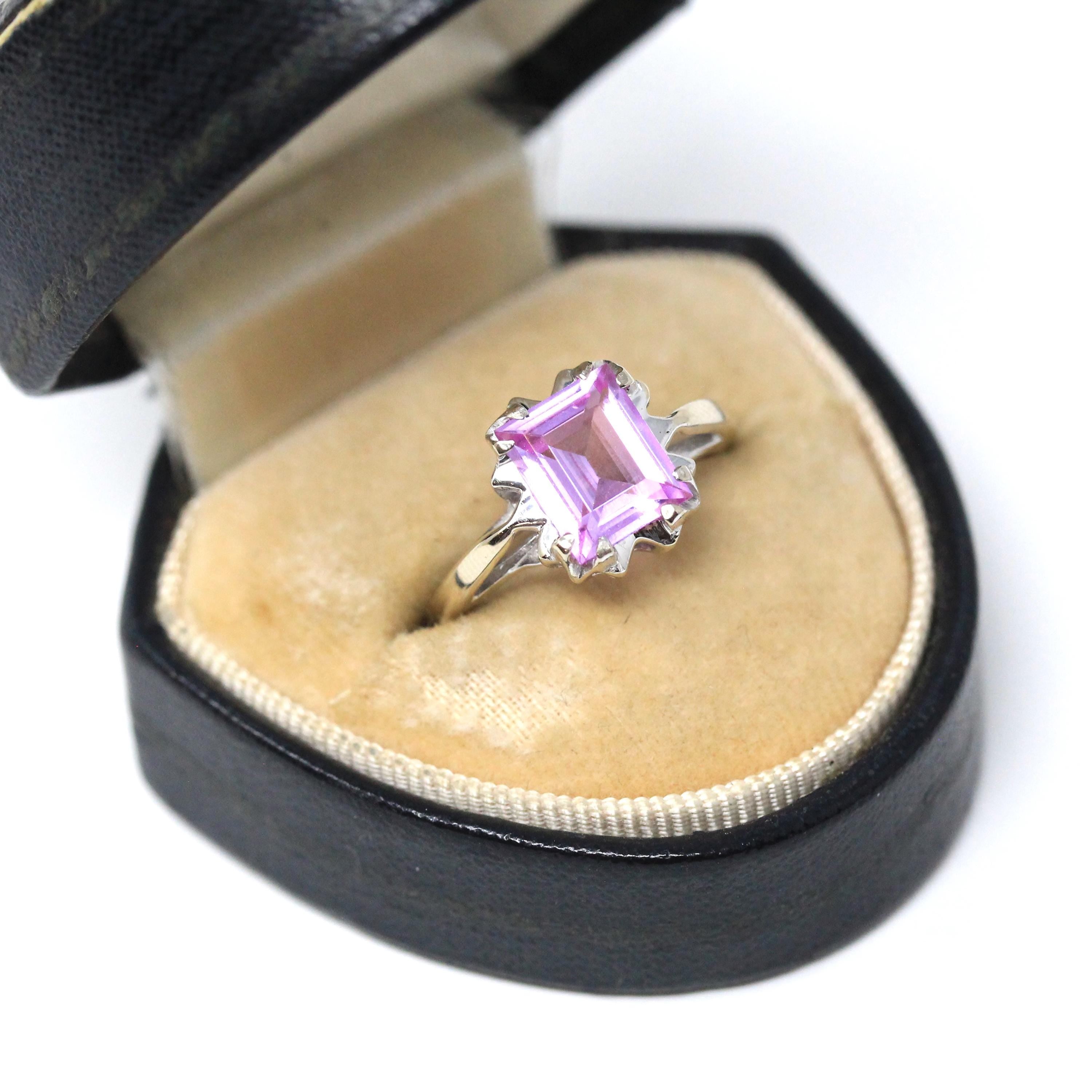 Created Sapphire Ring - Retro 10k White Gold Emerald Cut Pink Gemstone - Vintage Circa 1960s Size 6.5 New Old Stock Fine Statement Jewelry