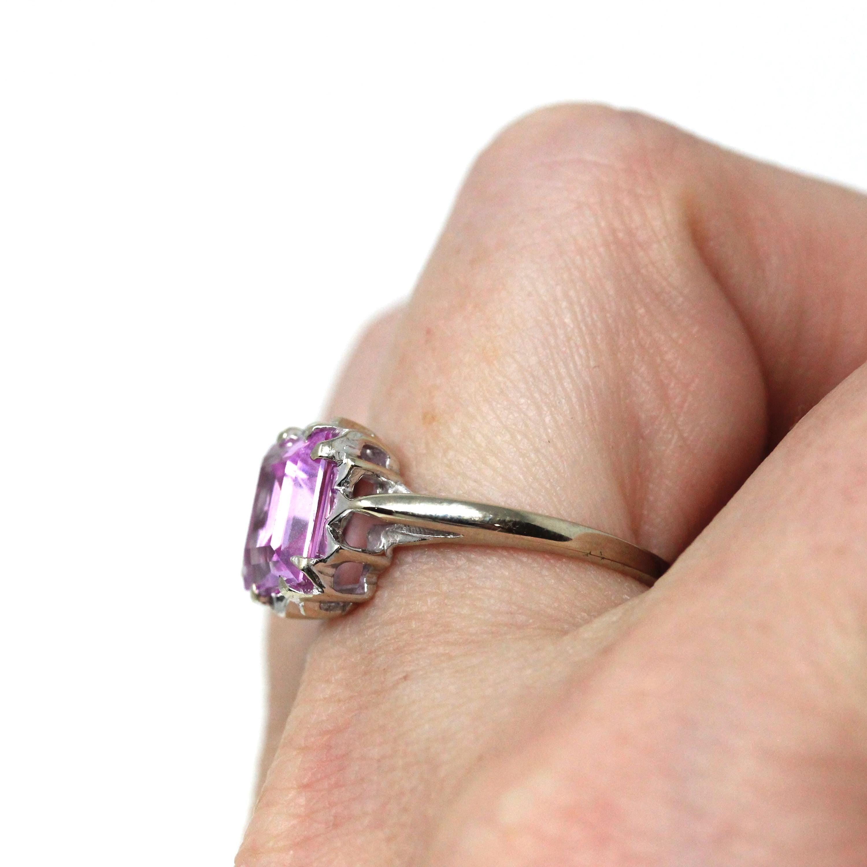 Created Sapphire Ring - Retro 10k White Gold Emerald Cut Pink Gemstone - Vintage Circa 1960s Size 6.5 New Old Stock Fine Statement Jewelry