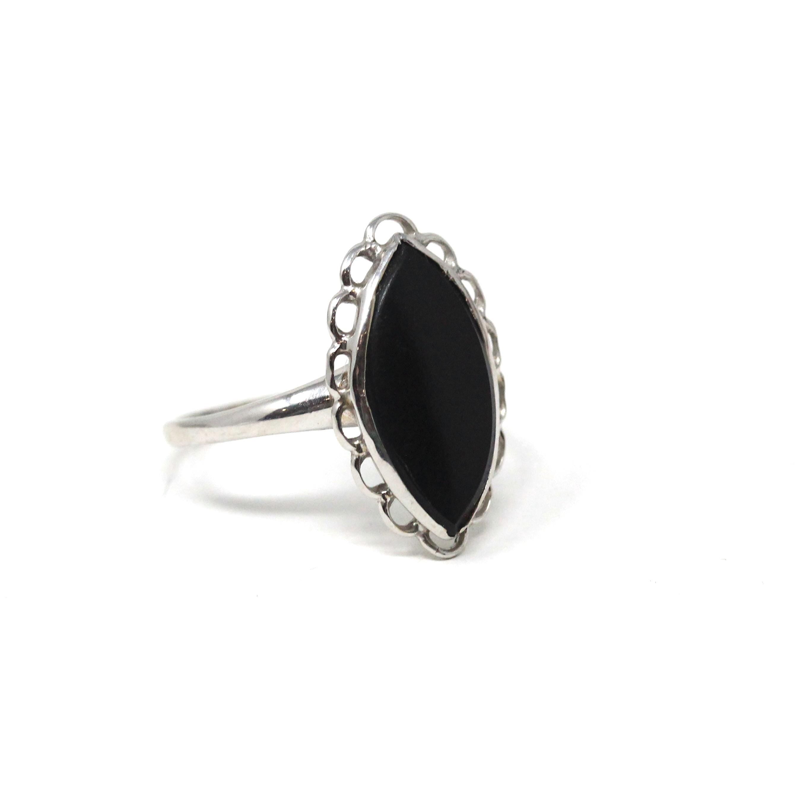 Onyx Navette Ring - Mid Century 10k White Gold Natural Black Chalcedony Gem Scalloped Halo - Vintage 1950s Size 6 Statement Fine 50s Jewelry