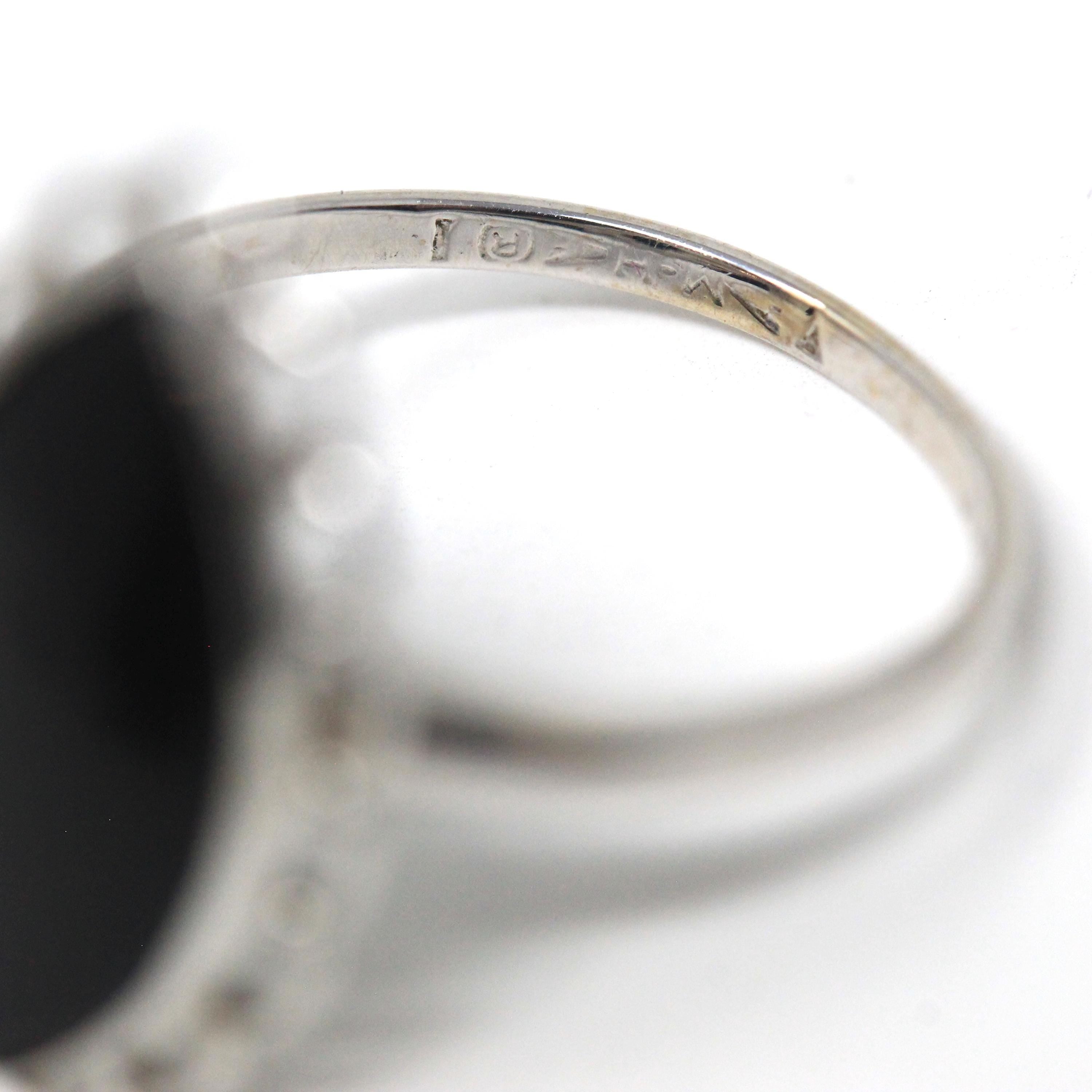Onyx Navette Ring - Mid Century 10k White Gold Natural Black Chalcedony Gem Scalloped Halo - Vintage 1950s Size 6 Statement Fine 50s Jewelry