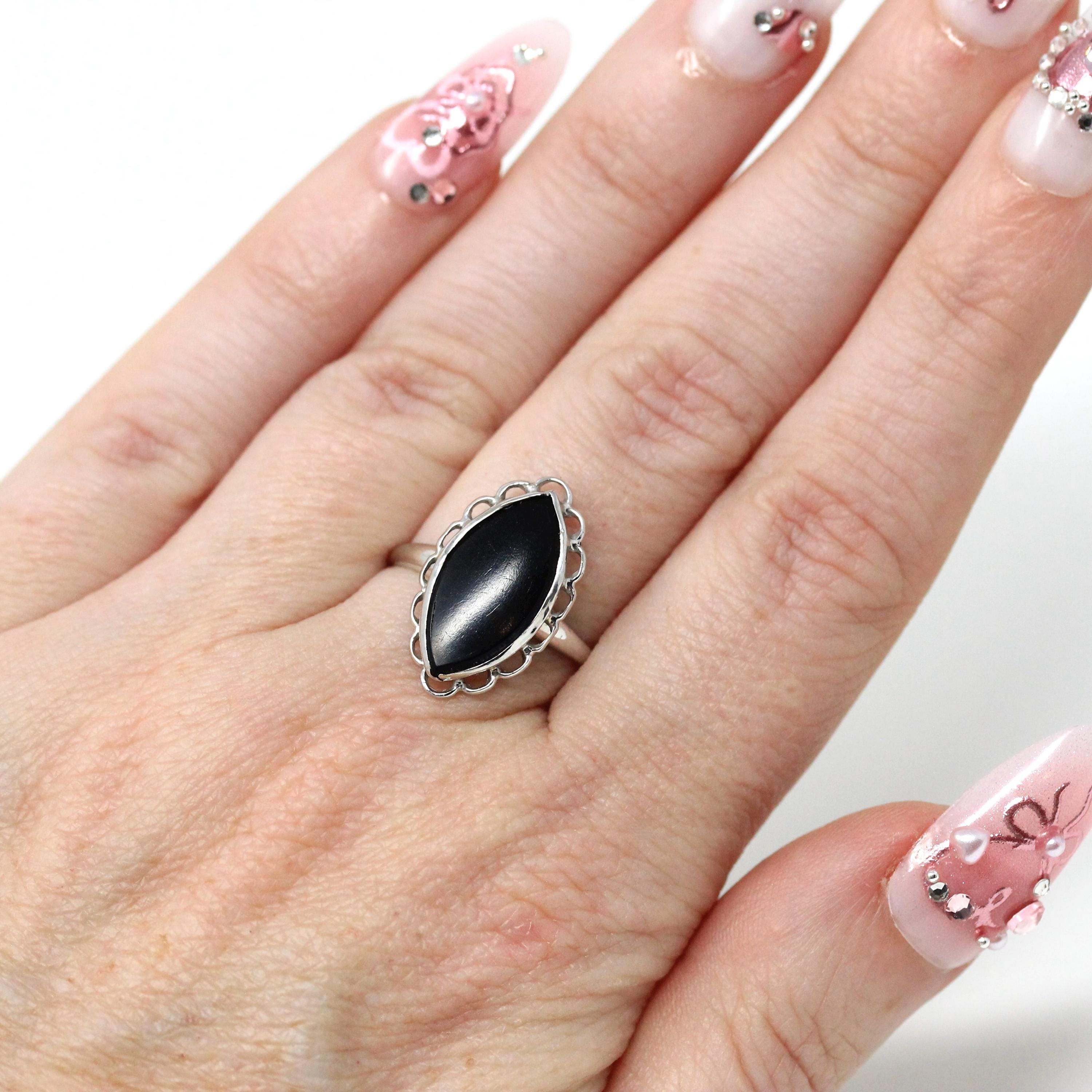 Onyx Navette Ring - Mid Century 10k White Gold Natural Black Chalcedony Gem Scalloped Halo - Vintage 1950s Size 6 Statement Fine 50s Jewelry