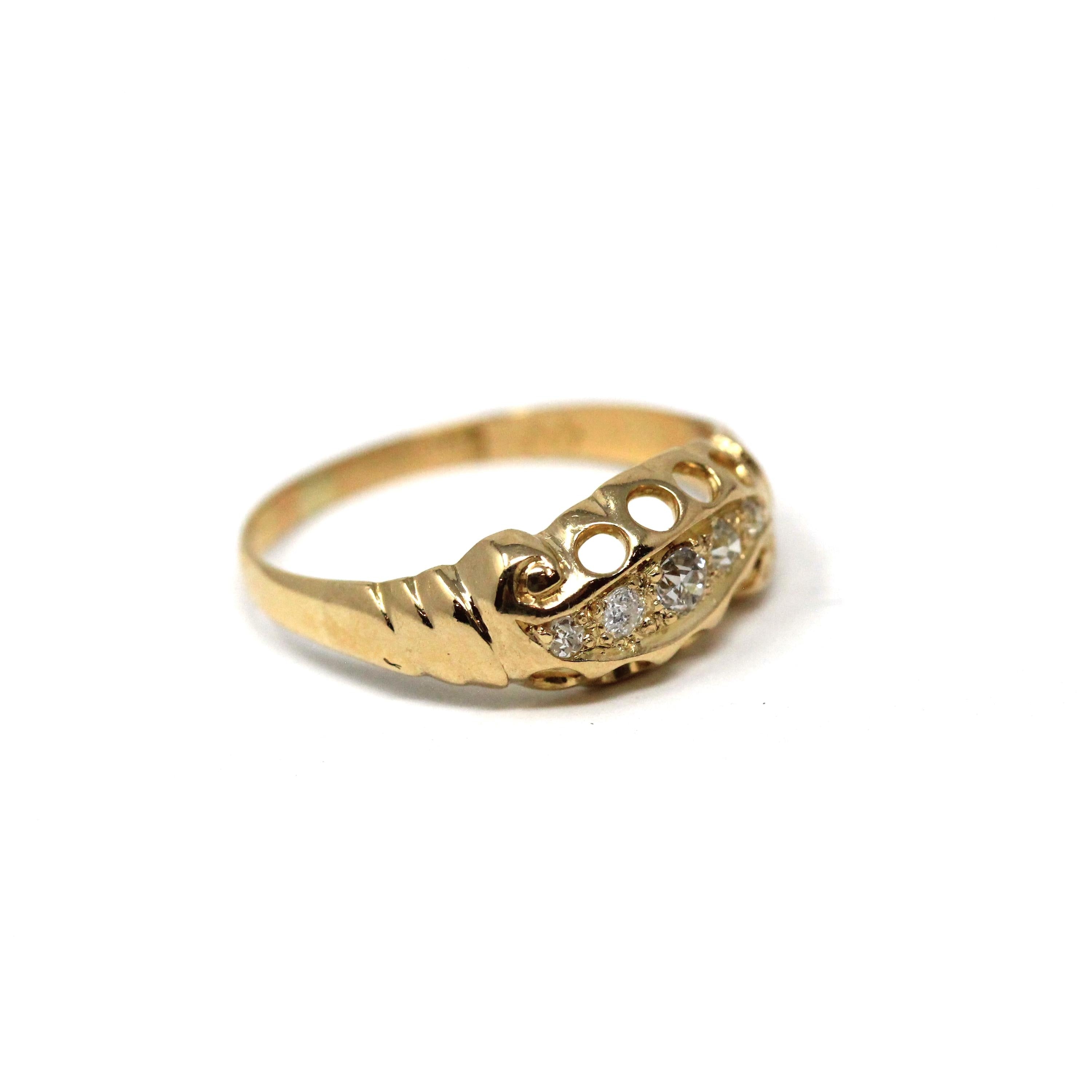 Antique Diamond Band - Edwardian 14k Yellow Gold Five Natural Gemstone Ring - Circa 1910s Era Size 6 1/2 Open Metal Fine Statement Jewelry