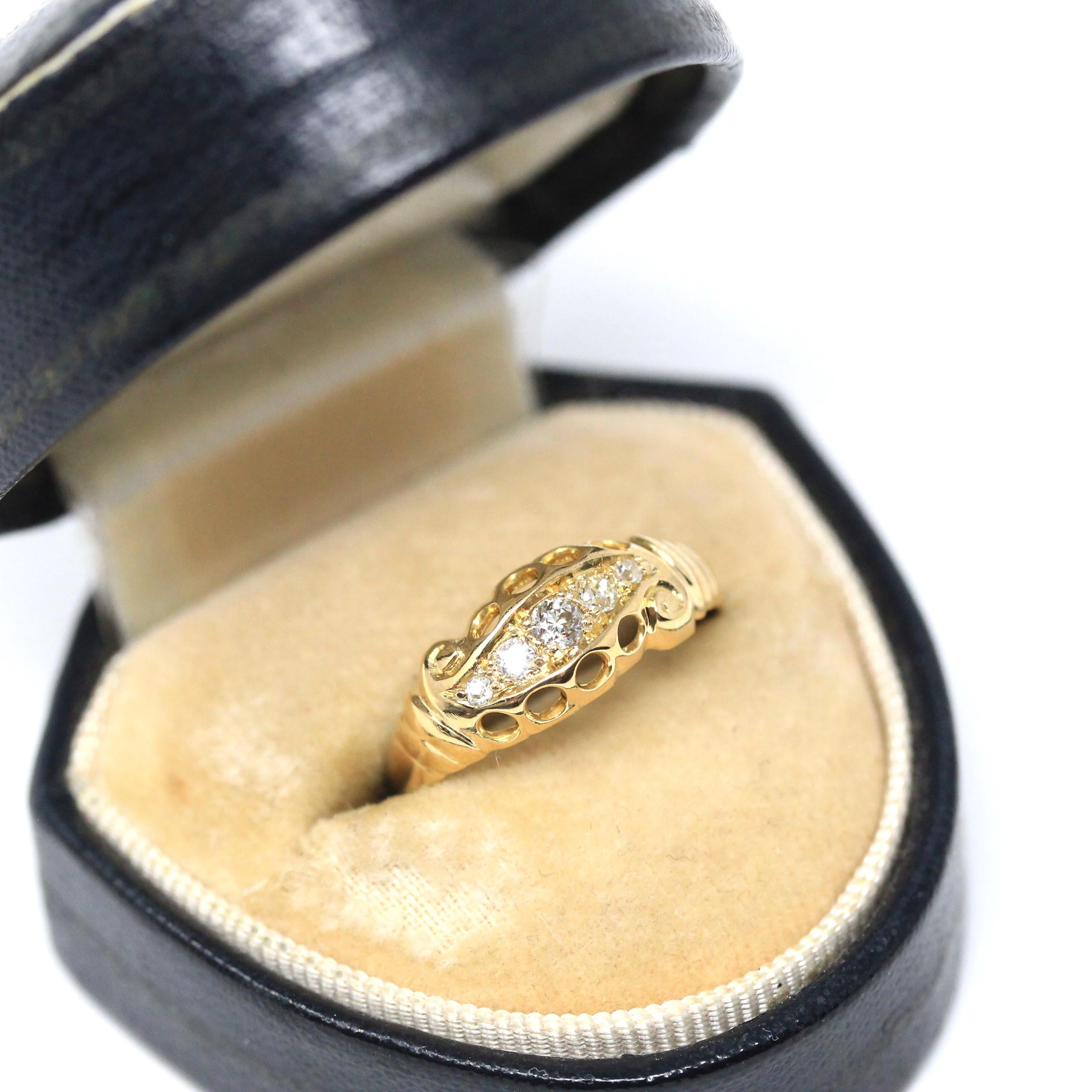 Antique Diamond Band - Edwardian 14k Yellow Gold Five Natural Gemstone Ring - Circa 1910s Era Size 6 1/2 Open Metal Fine Statement Jewelry