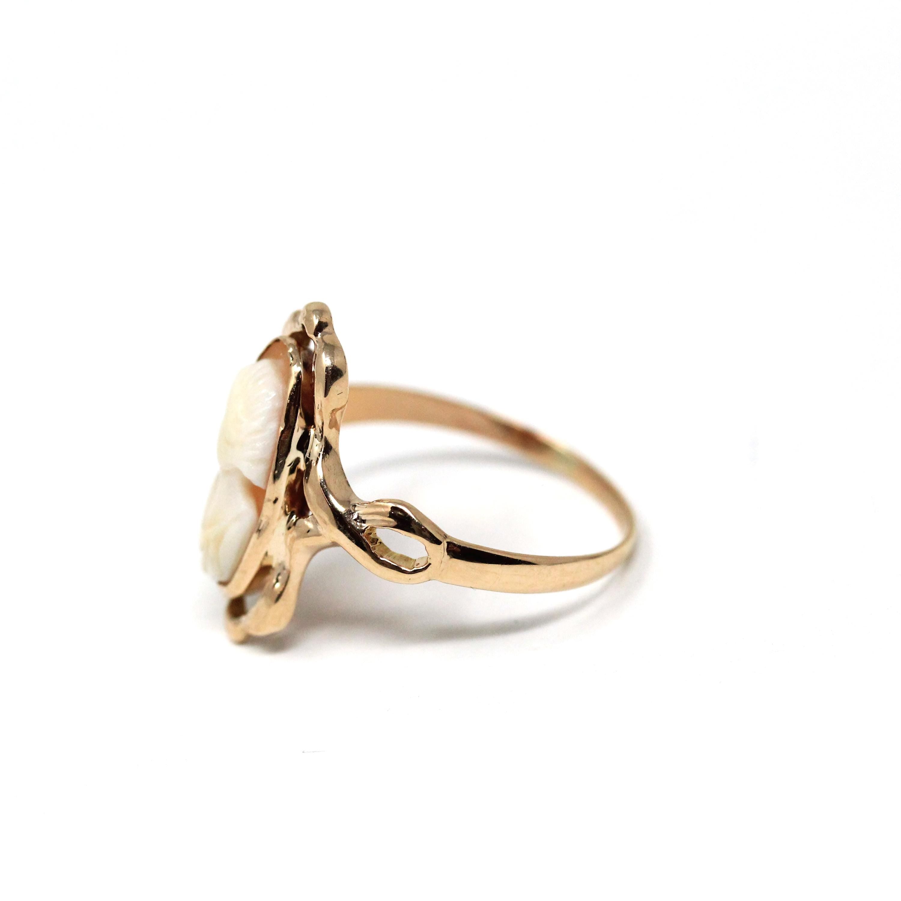 Art Nouveau Cameo Ring - Edwardian 10k Yellow Gold Carved Oval Shell Woman Profile - Circa 1910s Size 6 1/2 Shield Fine Statement Jewelry