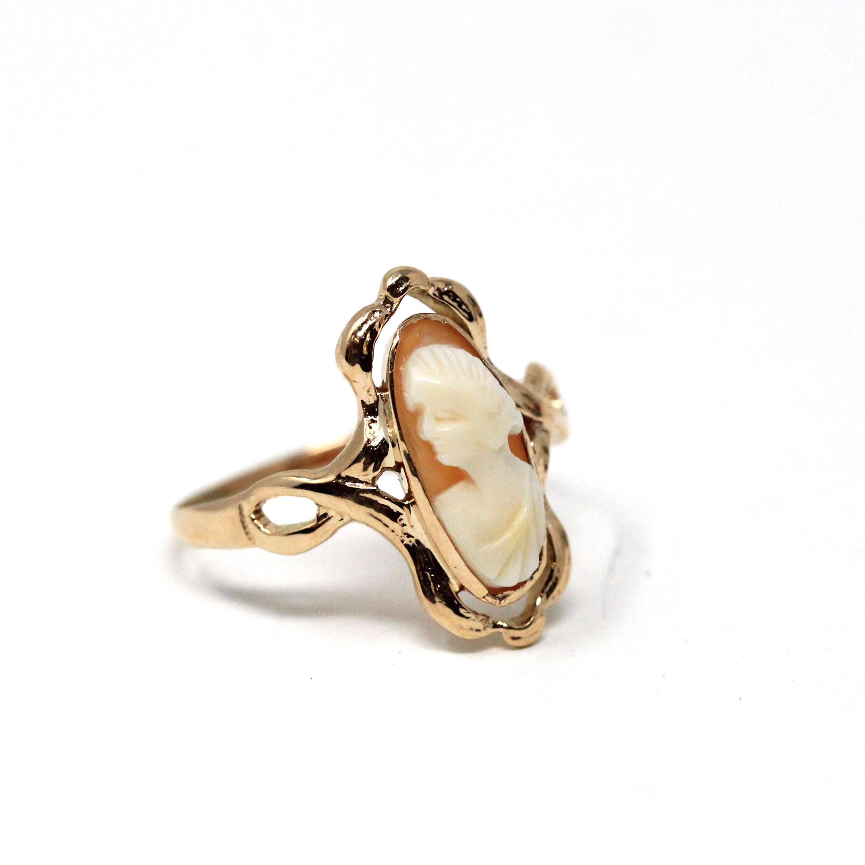 Art Nouveau Cameo Ring - Edwardian 10k Yellow Gold Carved Oval Shell Woman Profile - Circa 1910s Size 6 1/2 Shield Fine Statement Jewelry
