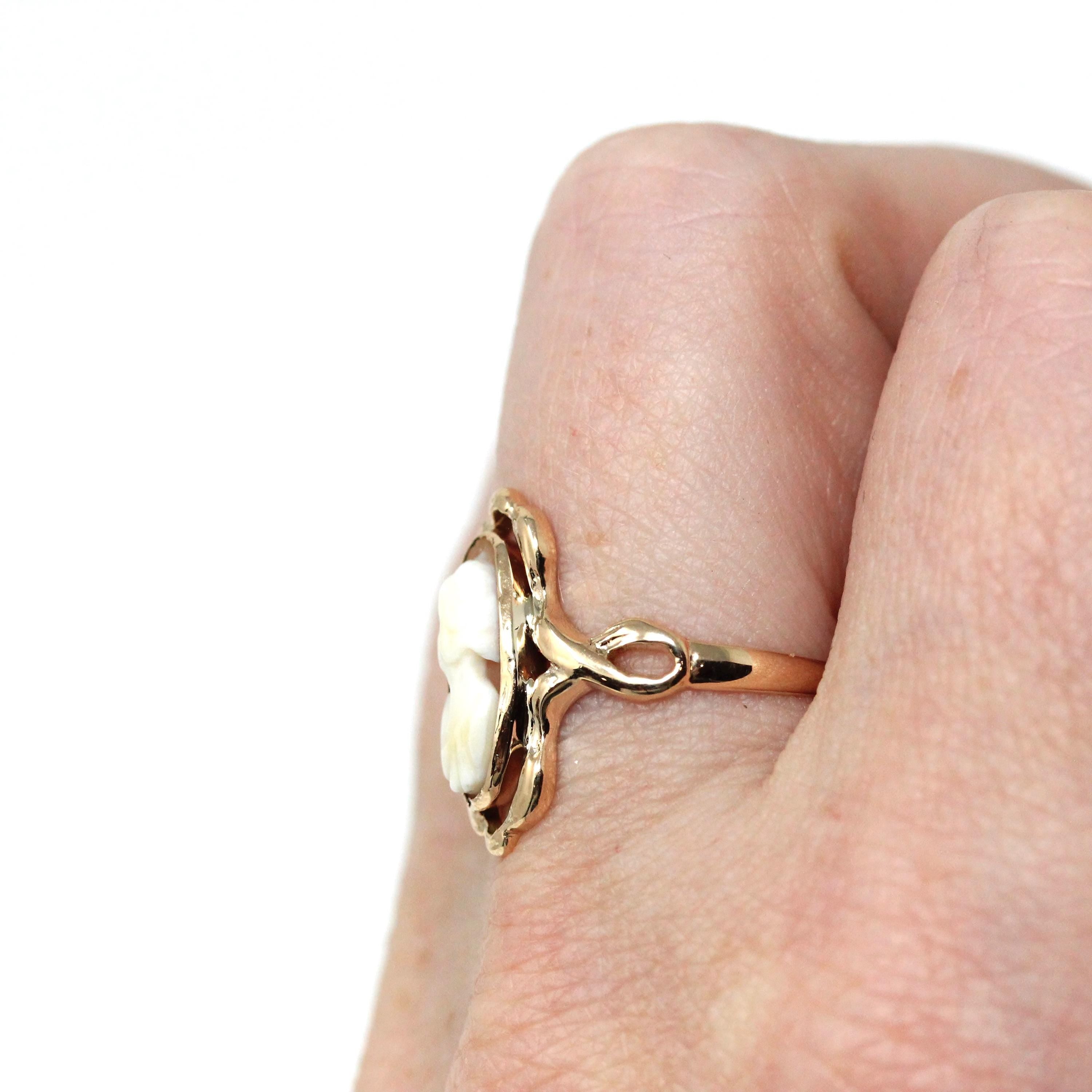 Art Nouveau Cameo Ring - Edwardian 10k Yellow Gold Carved Oval Shell Woman Profile - Circa 1910s Size 6 1/2 Shield Fine Statement Jewelry