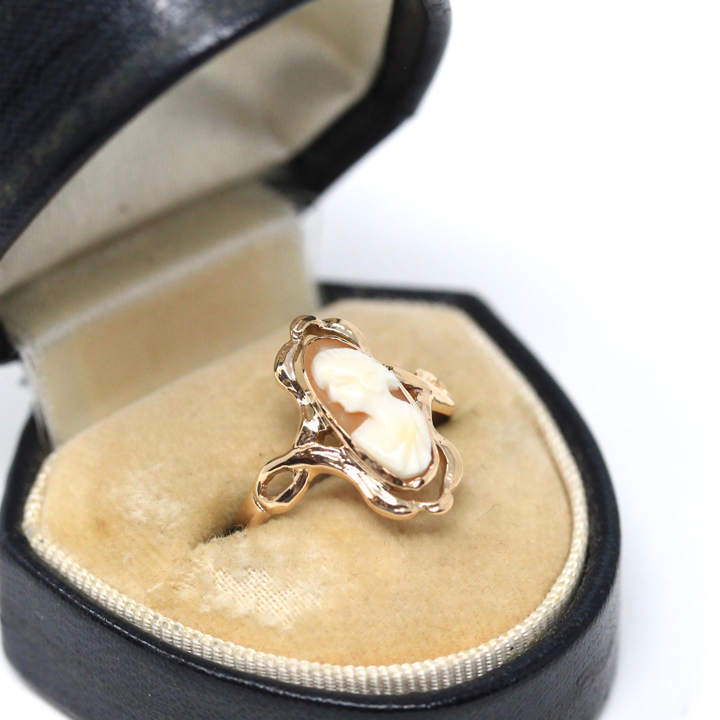 Art Nouveau Cameo Ring - Edwardian 10k Yellow Gold Carved Oval Shell Woman Profile - Circa 1910s Size 6 1/2 Shield Fine Statement Jewelry